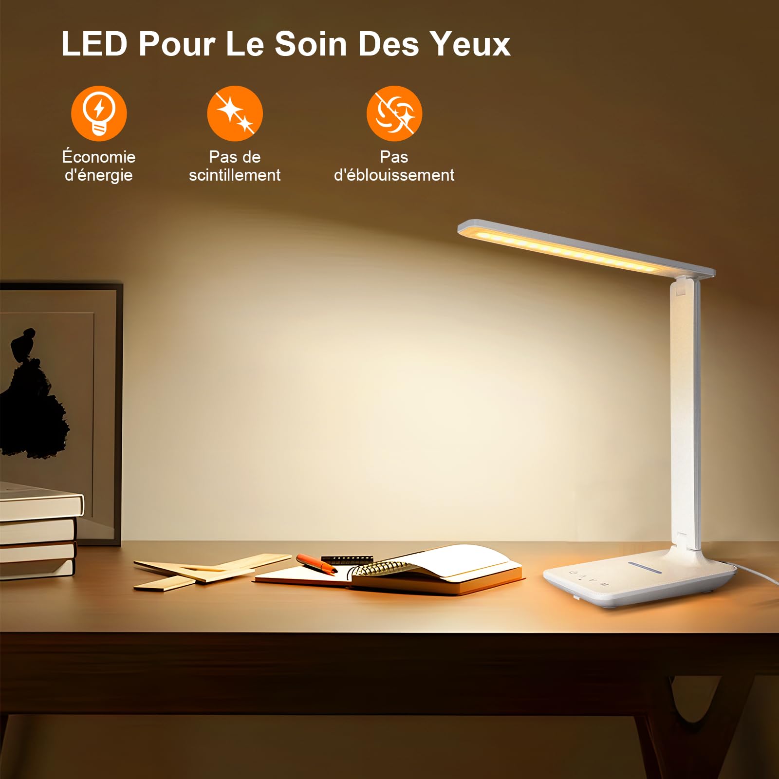 Lámpara de escritorio LED con adaptador, plegable, lámpara de noche regulable con 5 modos de color y 5 niveles de brillo, puerto de carga USB, para lectura de trabajo (blanco, pro)