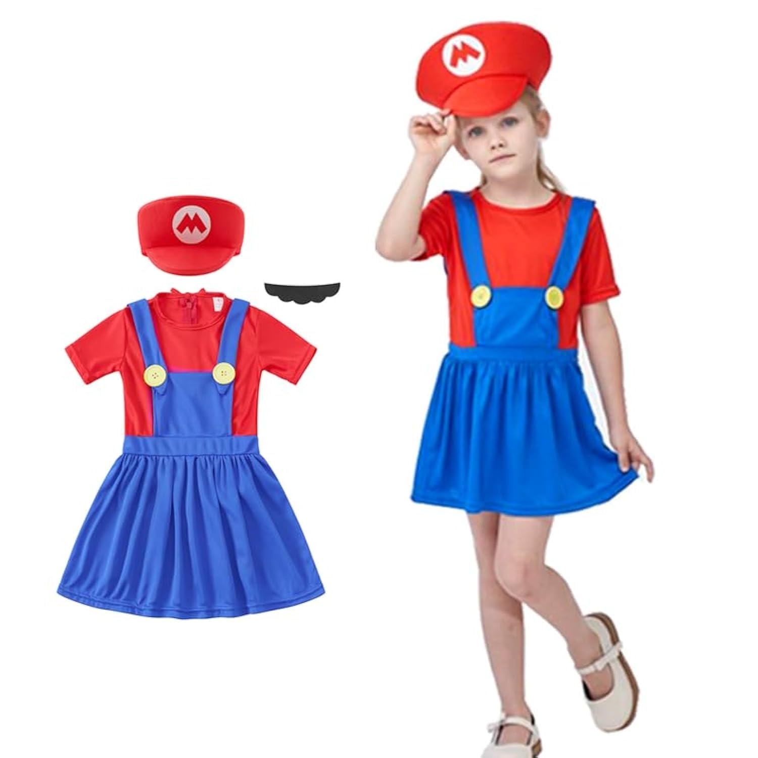 Halloween Super Brothers costume for girls kids,OYDAS Cosplay Costume Halloween Cosplay Jumpsuits For Girls,Bros Fancy Dress Outfit Costume,mari Costume with Hat Mustache 3 Piece Set