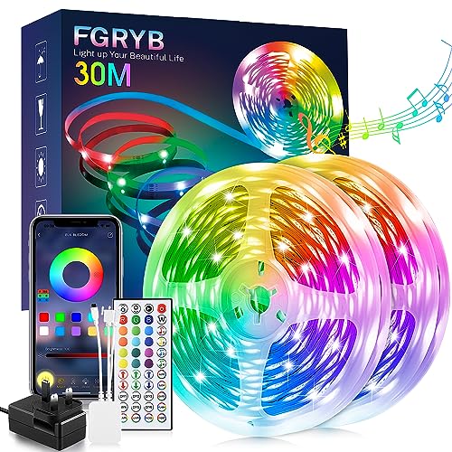 FGRYB Led Strip Light 30m - Music Sync RGB Colour Changing Led Lights for Bedroom with Bluetooth App & Remote Control Flexible Lighting for Home Rome Ceiling Decoration (30m)