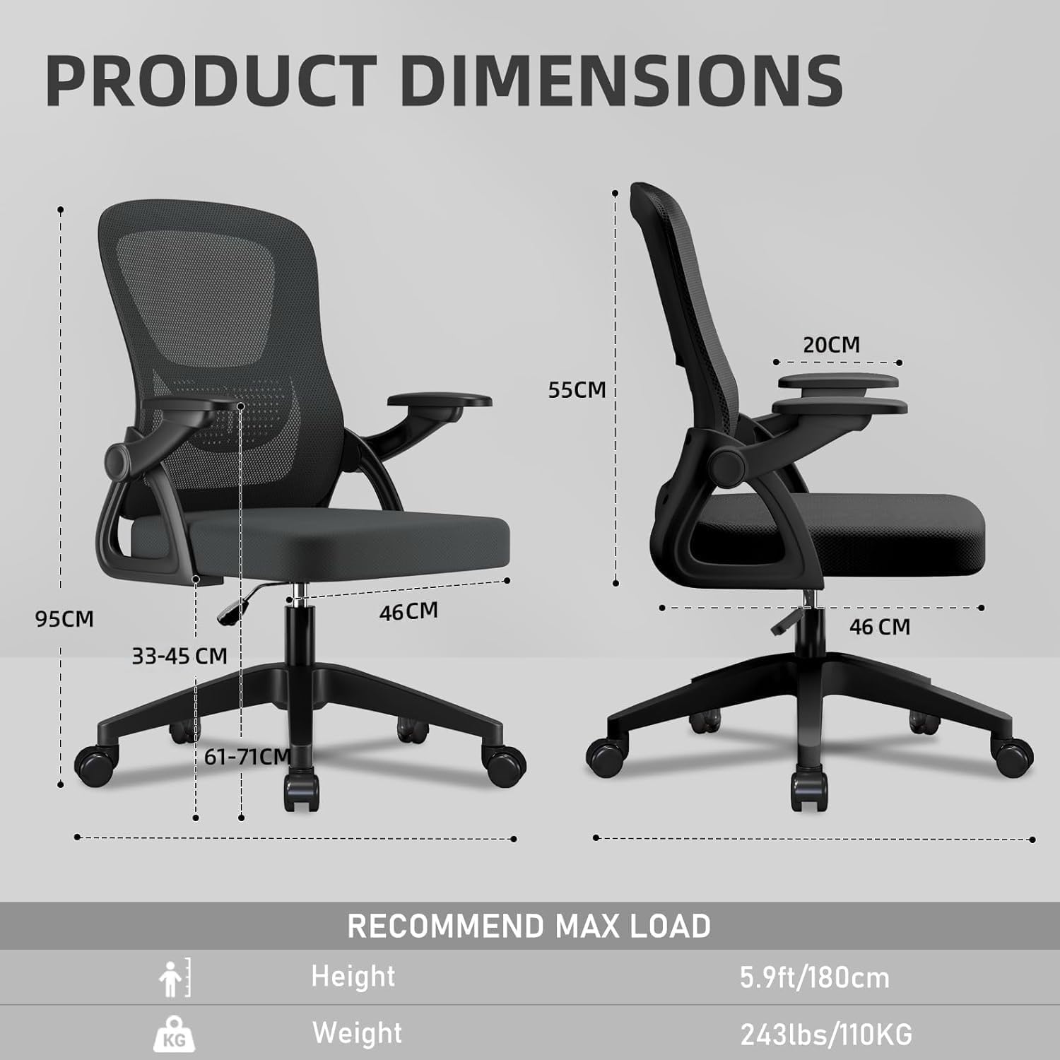 Silla de Oficina con Brazos Abatibles 90°, Malla Transpirable, Altura Regulable, Soporte Lumbar