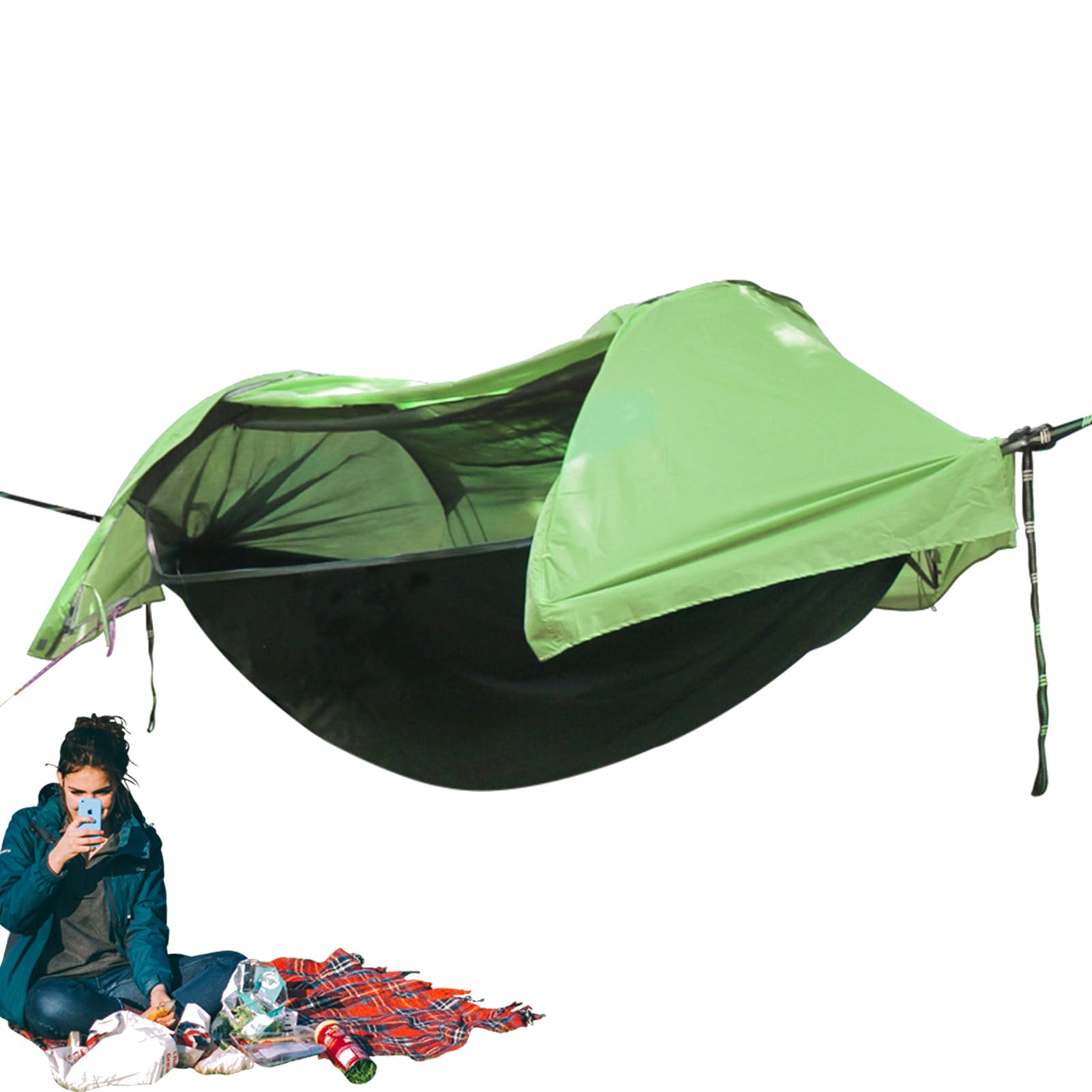 Amaca Da Campeggio, Tenda Amaca con Zanzariera Integrata Allungabile | 106x55 Pollici Tela Resistente Portata 200kg Impermeabile Anti UV Facile Installazione Alberi Cinghie