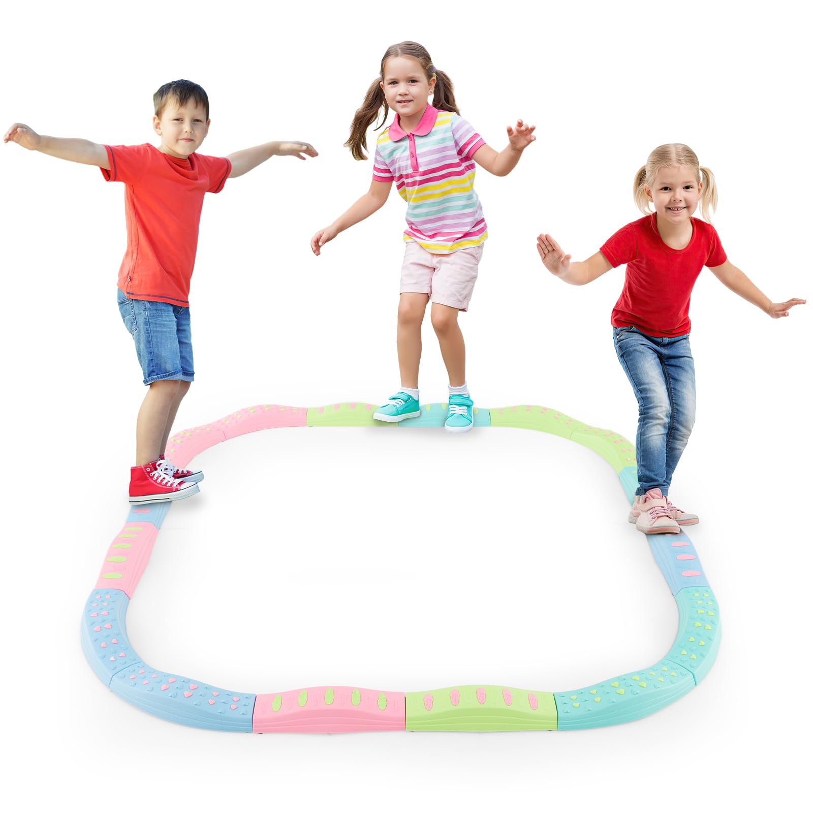 COSTWAY Kids Stepping Stones, 20Pcs Stackable Balance Beam with Non-slip Surface & Bottom, Indoor Outdoor Obstacle Course Sensory Toy for Exercise Balance & Coordination (Macaron Green)