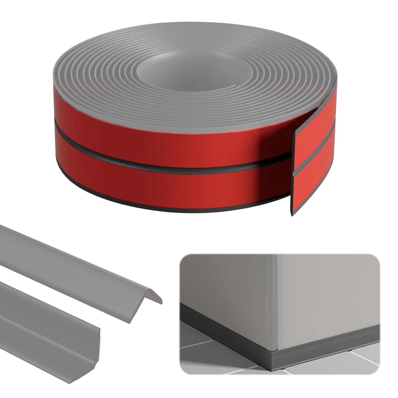 Listones de pared autoadhesivos, 2 cm x 2 cm x 12 m, listón de esquina autoadhesivo, PVC flexible de zócalo suave gris, protección de bordes autoadhesiva, listón de ángulo flexible autoadhesivo para