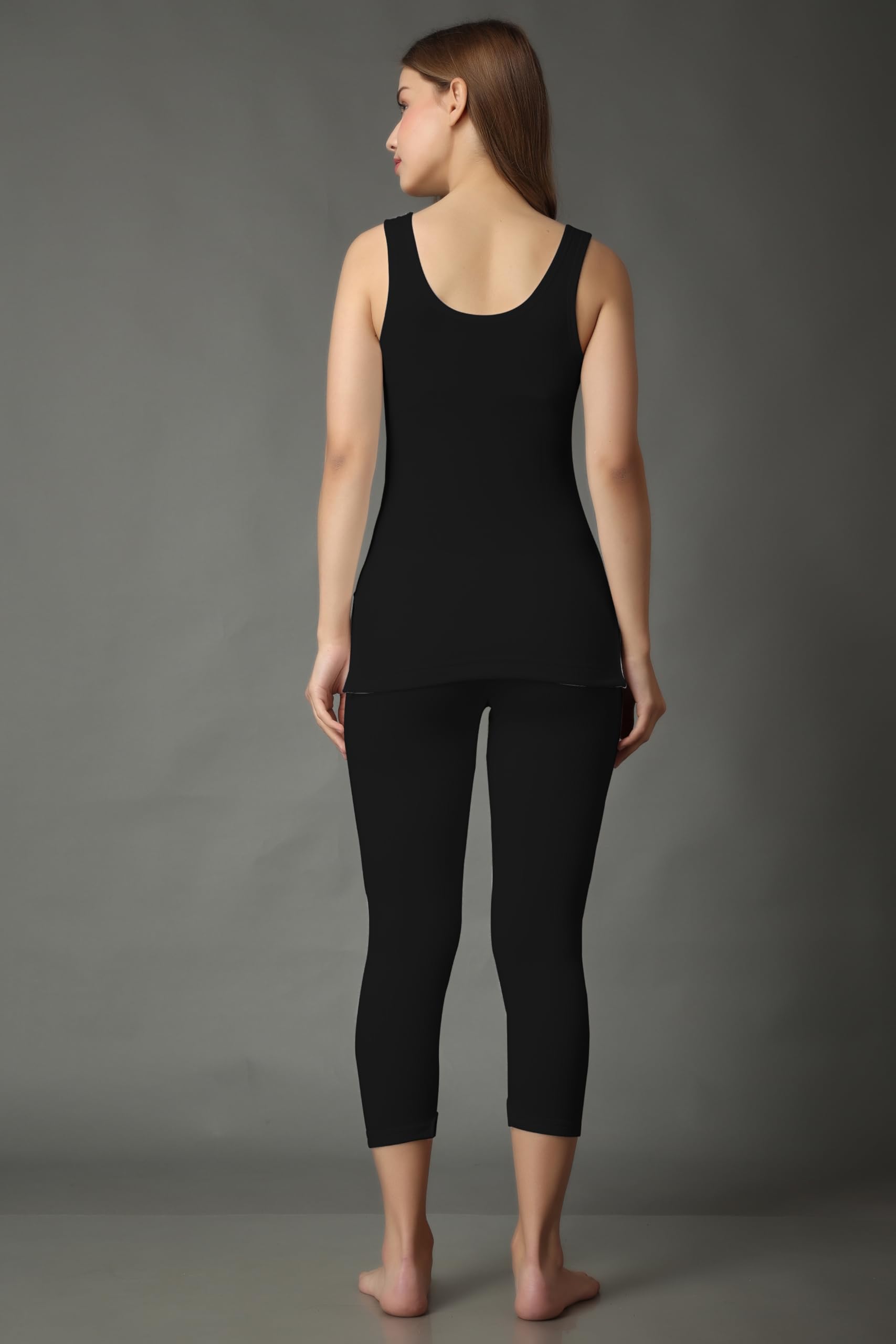 Wearslim® Women’s Cotton Thermal Underwear Set, Thermal Sleeveless Camisole and Pant Set, Round Neck Tank Tops & Bottom Soft Warmer - Zed Black (XL) - Image 2 thumbnail