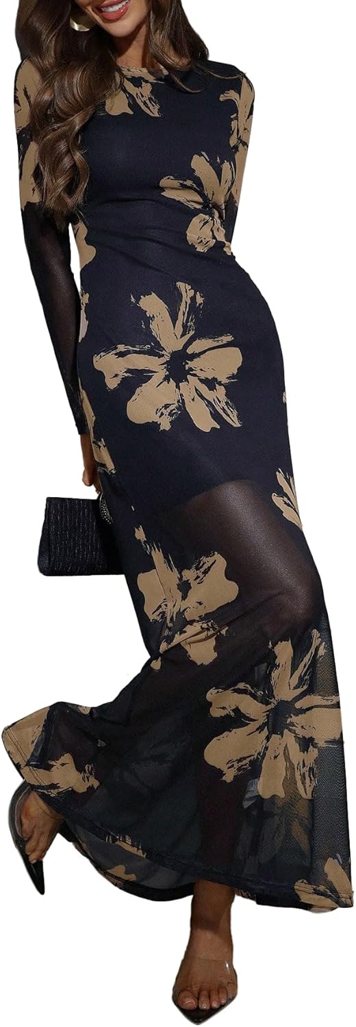 Women's Floral Mesh Maxi Dresses Long Sleeve Elegant