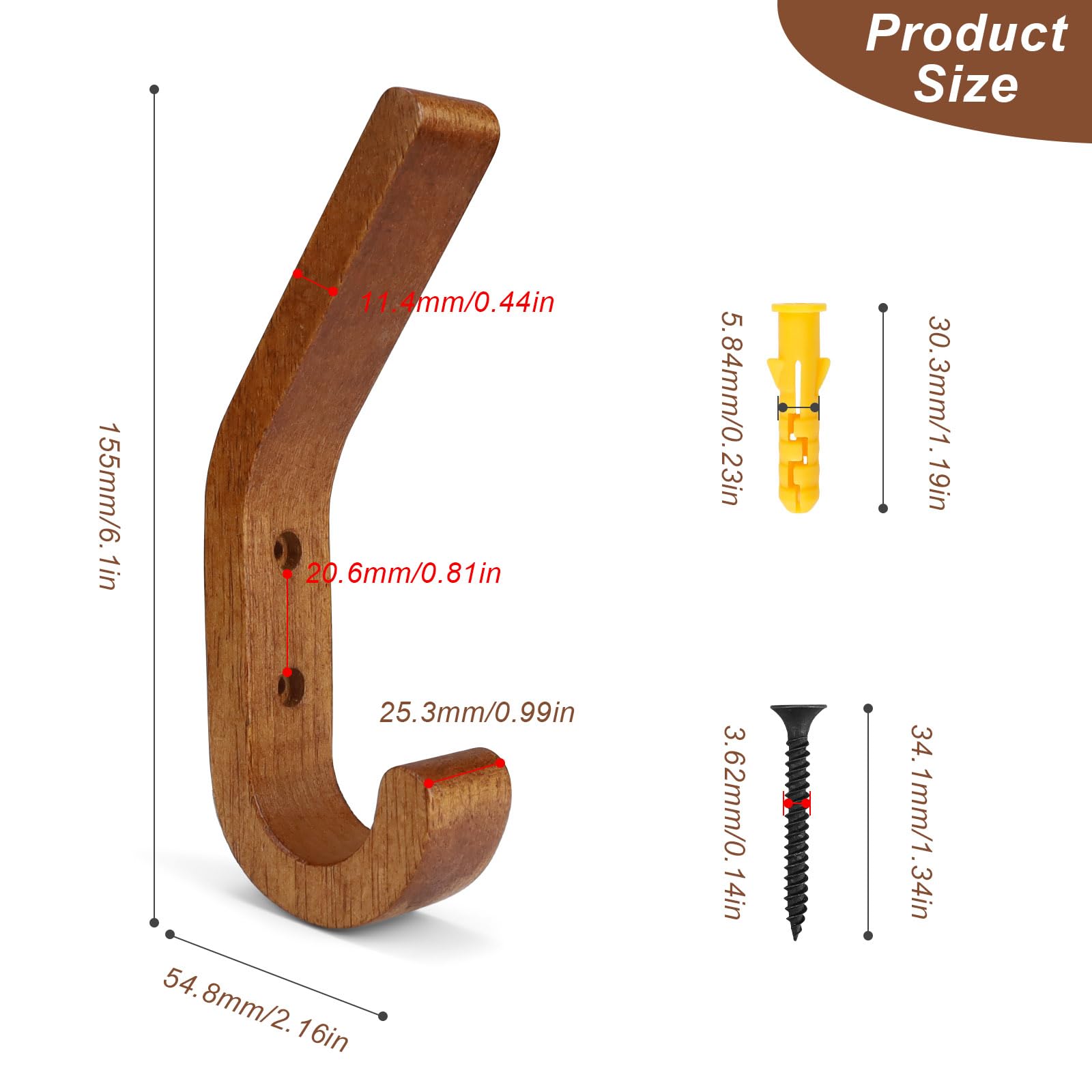 WJUAN Wooden Coat Hooks, Set of 4 155 mm Walnut Coloured J Hooks, Improved Version Towel Hooks, A-Quality Oak Wood - Image 3