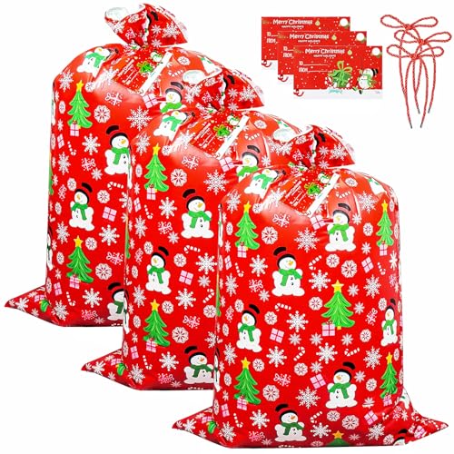 3 peças sacos de presente gigante de Natal, 36 x 56 polegadas sacos reutilizáveis super grande com etiquetas e cordas, sacos de Natal embalagem presentes para decoração festa de Natal