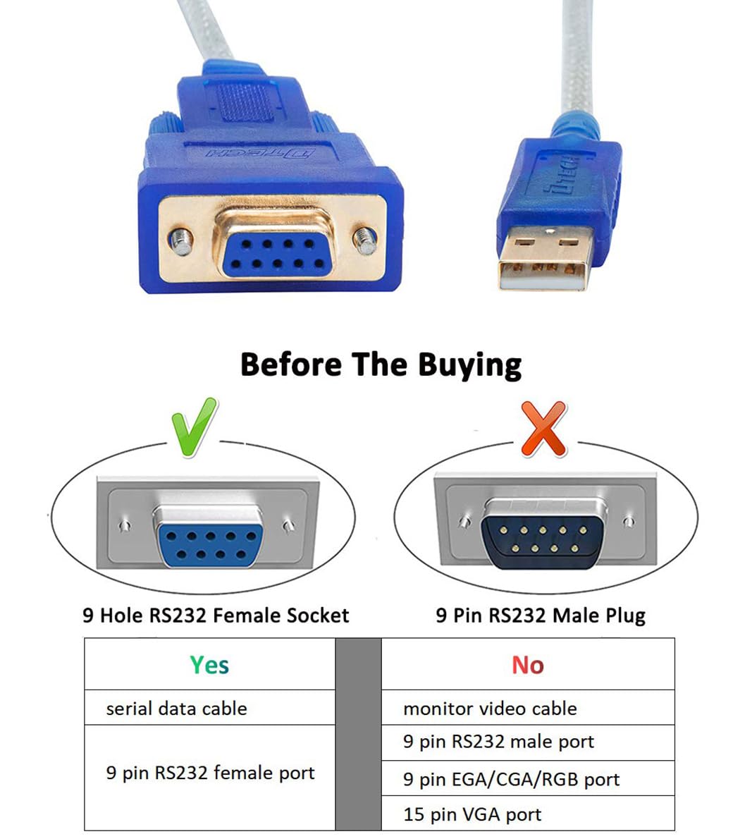 DTech Adattatore da USB a seriale 3 m, USB a RS232 DB9, cavo femmina COM porta con chipset FTDI, supporta Windows 11 10 8 7 Mac Linux