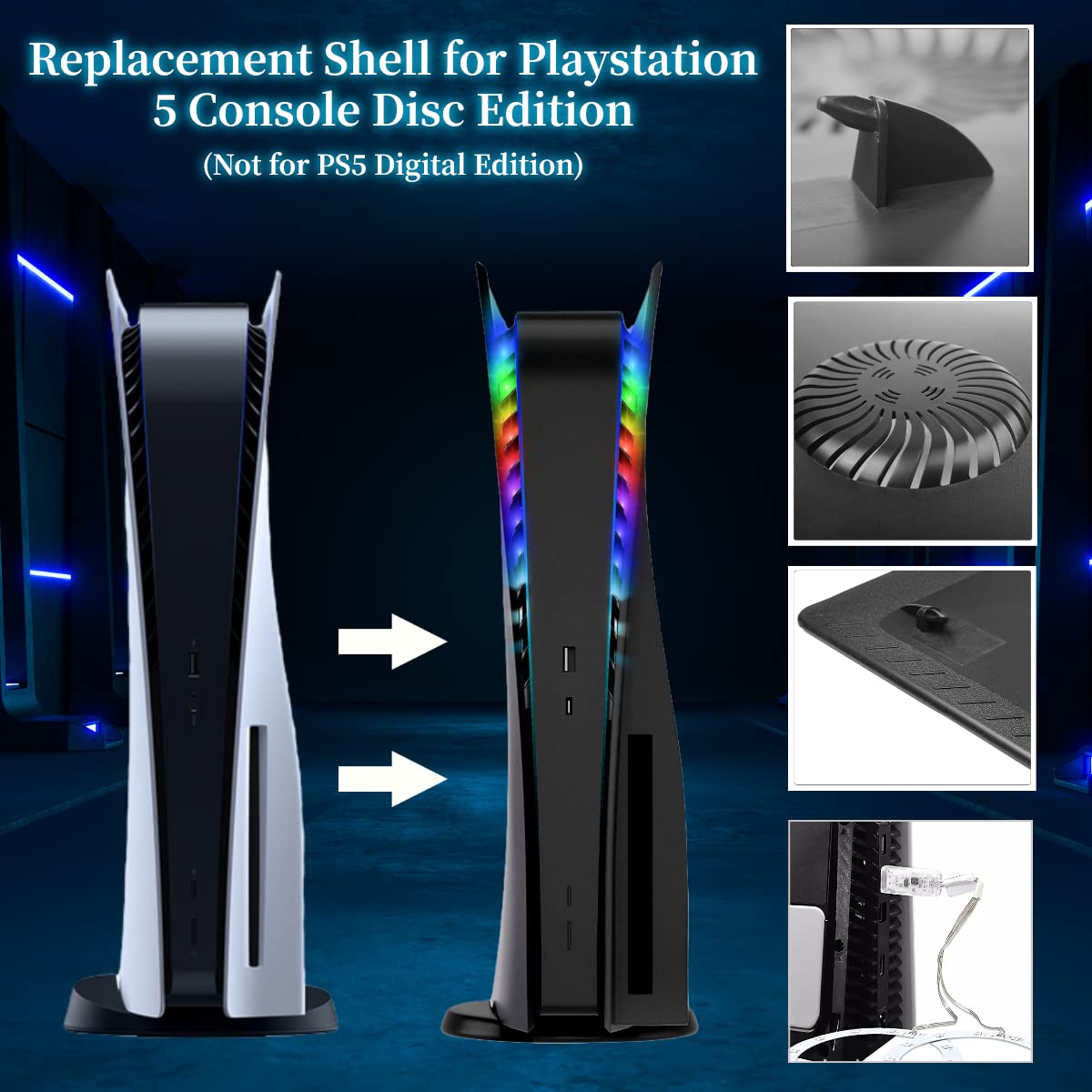 Piastre frontali per console PS5 con striscia luminosa LED RGB, guscio di ricambio per disco PS5 con prese d'aria, 3 modalità di controllo, 8 colori, oltre 400 effetti luci, sincronizzazione musica,