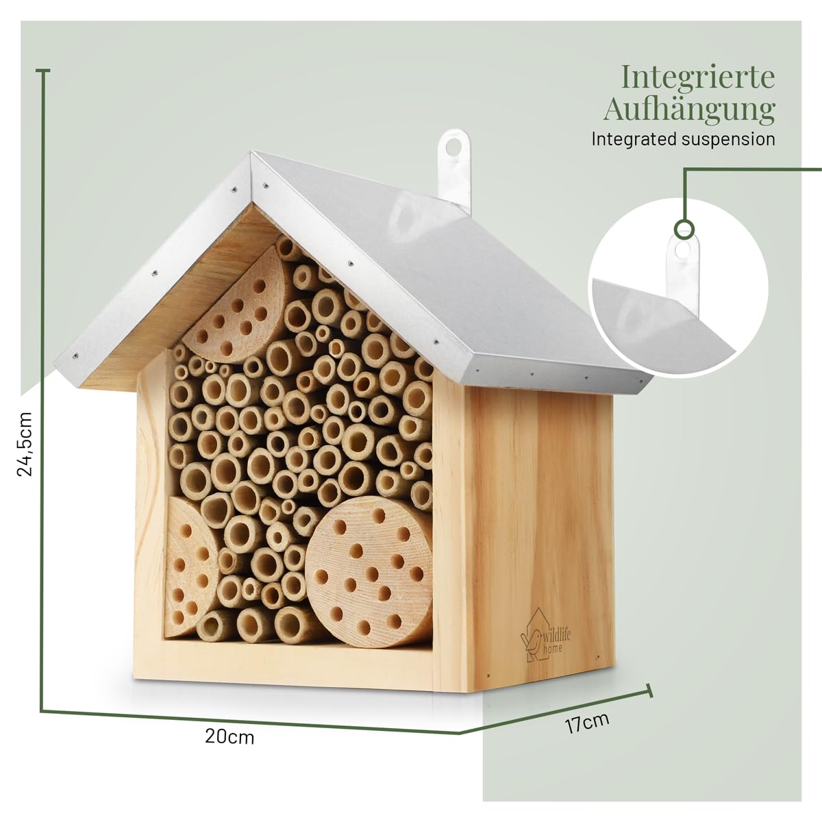 WILDLIFE HOME Hotel de abejas con techo de metal, hotel de insectos de abejas silvestres, ya montado de madera de pino y 100% resistente a la intemperie, sin tratar, hotel de insectos, ayuda para