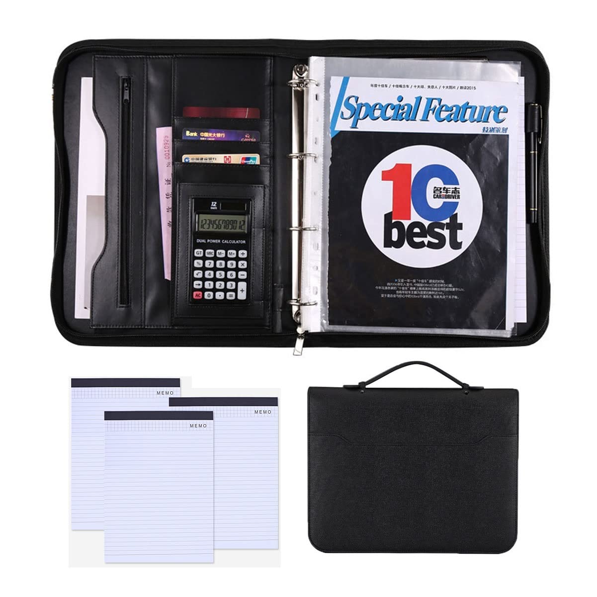 Porte Documents A4 Portfolio Multifonctionnel Folder Pochette en Cuir avec Calculatrice Dossier De Conférence for Hommes Femmes Bloc Notes Rechargeable 25 Feuilles Lot De 4 (Color : Black)