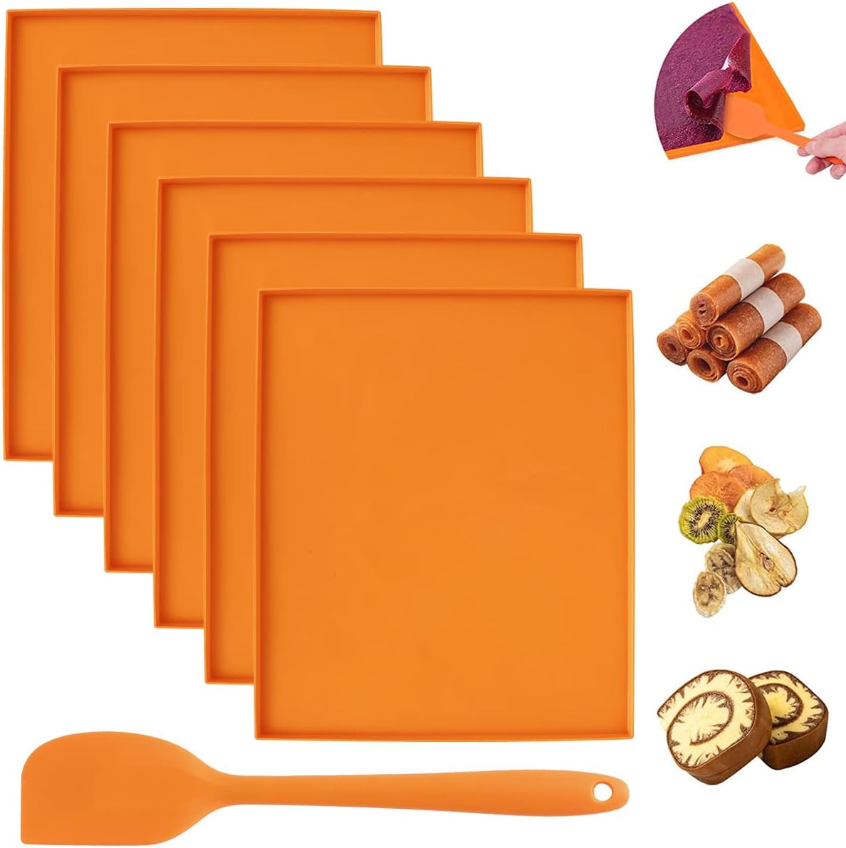 6 Pcs Square Silicone Dehydrator Sheets with Silicone Scraper 30x25 x1cm Non-Stick Food Fruit Dehydrator Trays Baking Mats Reusable Thickened Steamer Mat for Food Fruit Vegetables Herbs Dryer