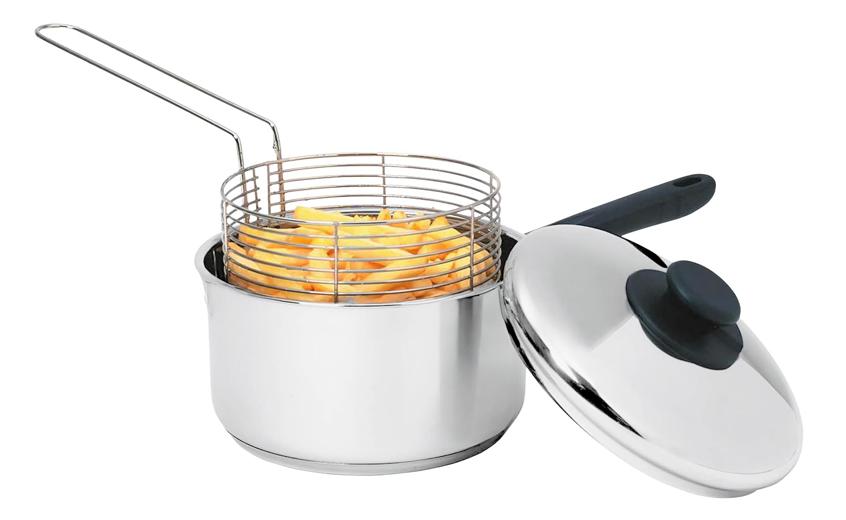 Nobel Stainless Steel Chip Pan with Basket and Lid Silver 20 cm 3 Litre Deep Fryer