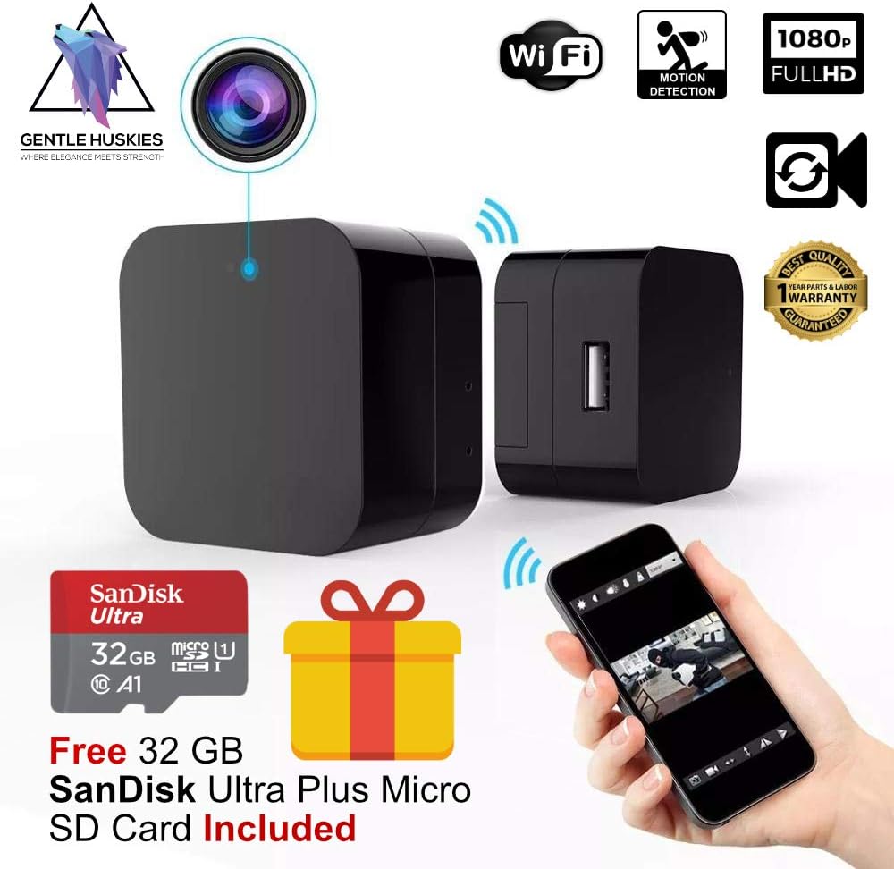 Hidden Camera USB Wall Charger - WiFi Spy Cam on Nanny, Pet, Thief - Superior Motion Detection - Full HD 1080P, Wireless Live Monitoring [Free 32 GB SanDisk Micro SD Card Included]