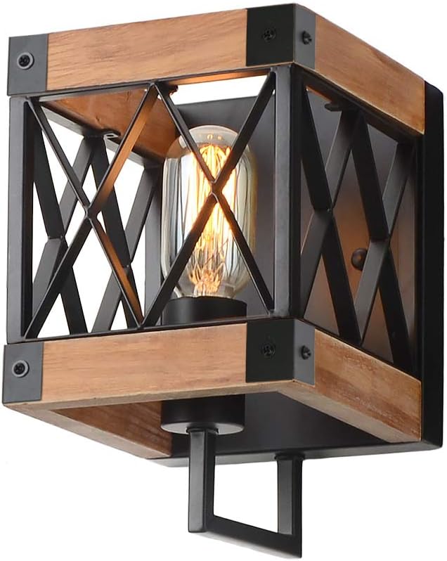 1-Light Rustic Wood Wall Lamp with Mesh Cage Industrial Wall Sconce, Retro Bathroom Lamp Log Cabin Home Vintage Edison Sconce Light Fixture, Brown Wood and Black Metal(W0057)