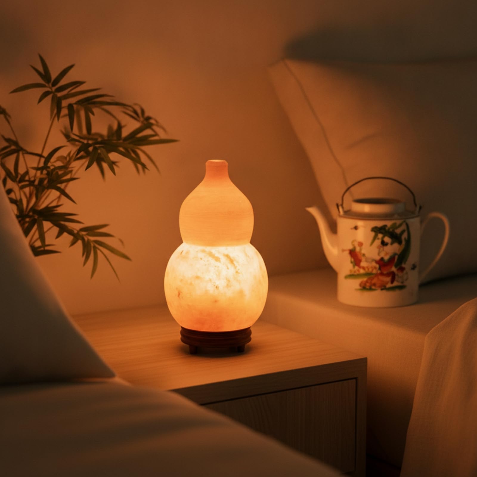 Lampe de Sel de l'Himalaya Lampe de Table Veilleuse Lampe Décorative Corps Taillé en Gourd sur Base Stable avec Variateur Intégré 15W pour Luminosité, Environ 12 24cm