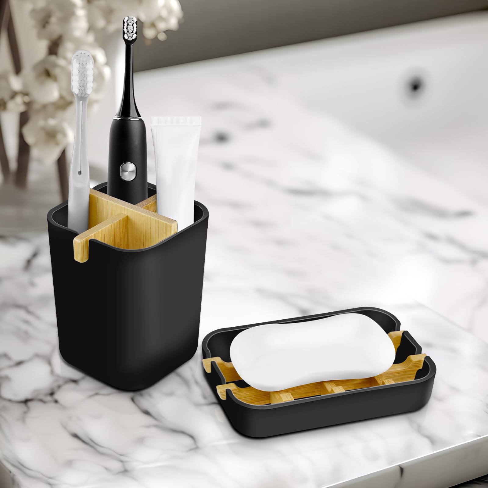 Juego de soportes para cepillos de dientes y jabón, divisor de bambú con 4 ranuras, bandeja de jabón de plástico para ducha, juego de accesorios de baño para almacenamiento de encimera, color