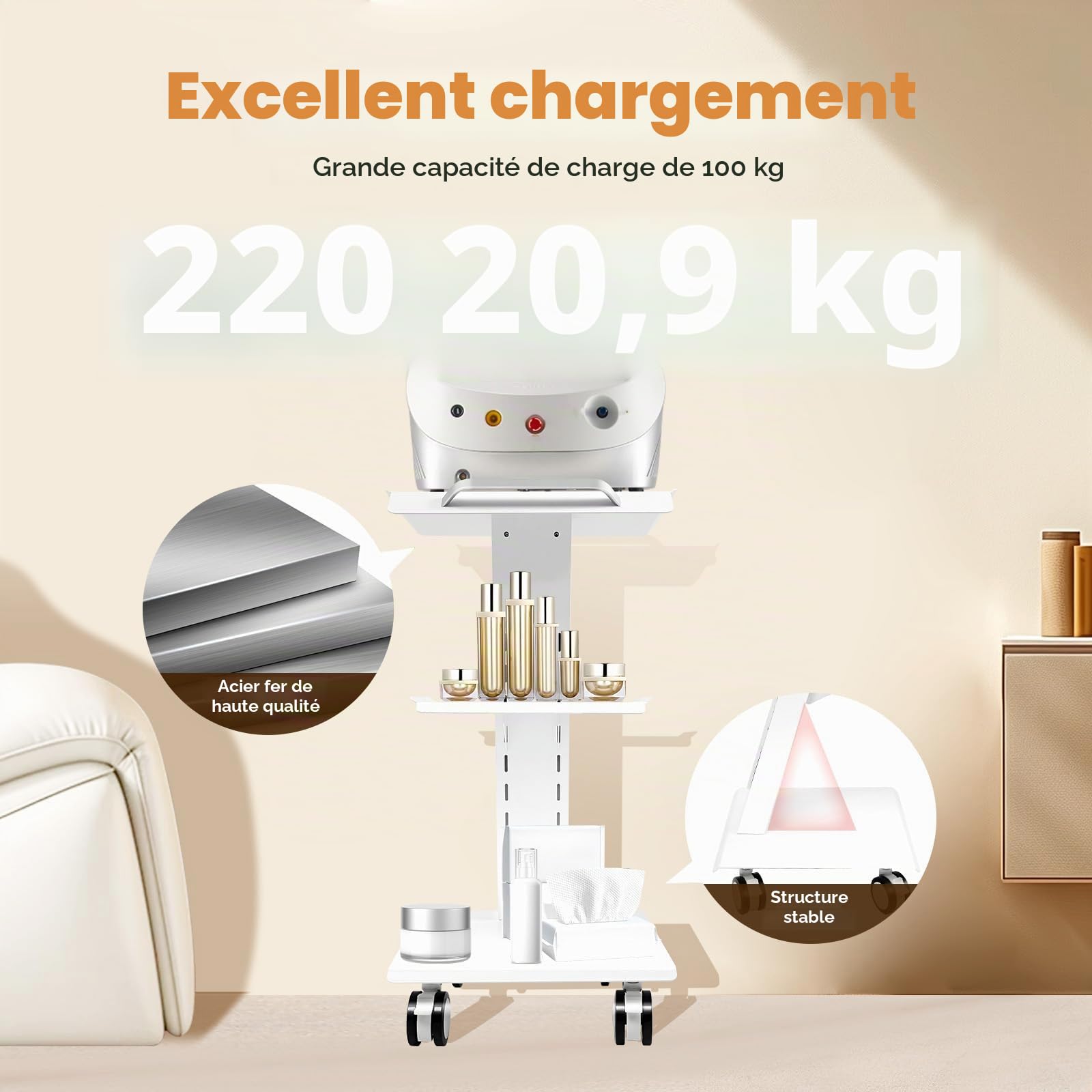 Chariot à outils médicaux - Chariot pour appareils dentaires - Chariot portable avec prise de courant confortable - Chariot de clinique à roulettes avec plateau pour instruments