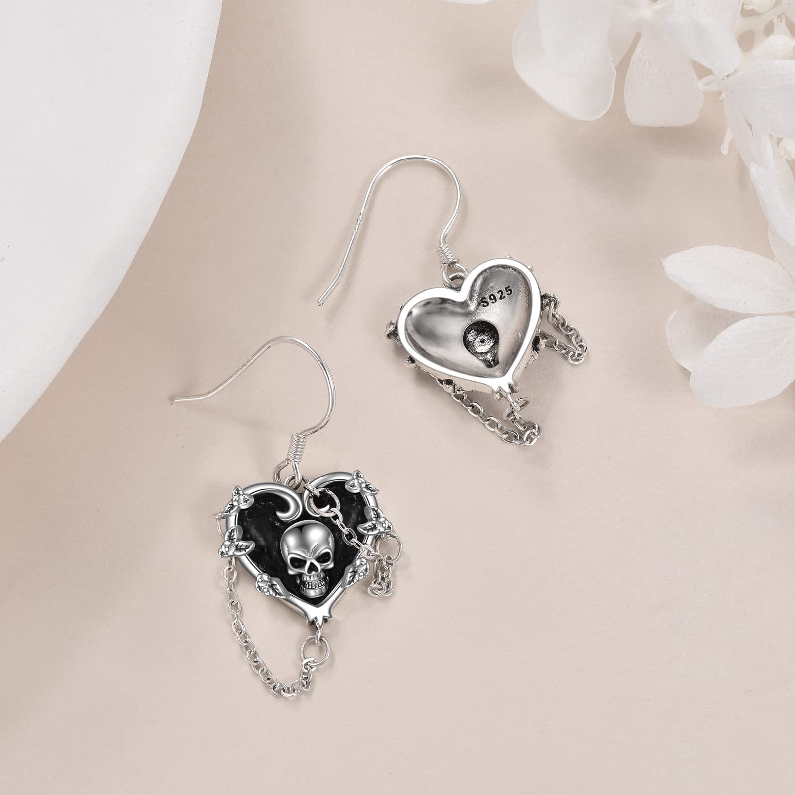 Orecchini da donna a forma di cuore, rosa gotica, stetoscopio, teschio, in argento Sterling 925, con rosa nera, Argento sterling Zirconia cubica, Zirconia cubica