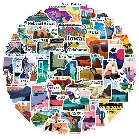 50Pcs US States Stickers, Waterproof Travel Map Stickers for Laptop Water Bottle Phone Luggage, Cute RV Decal Sticker Pack Cover
