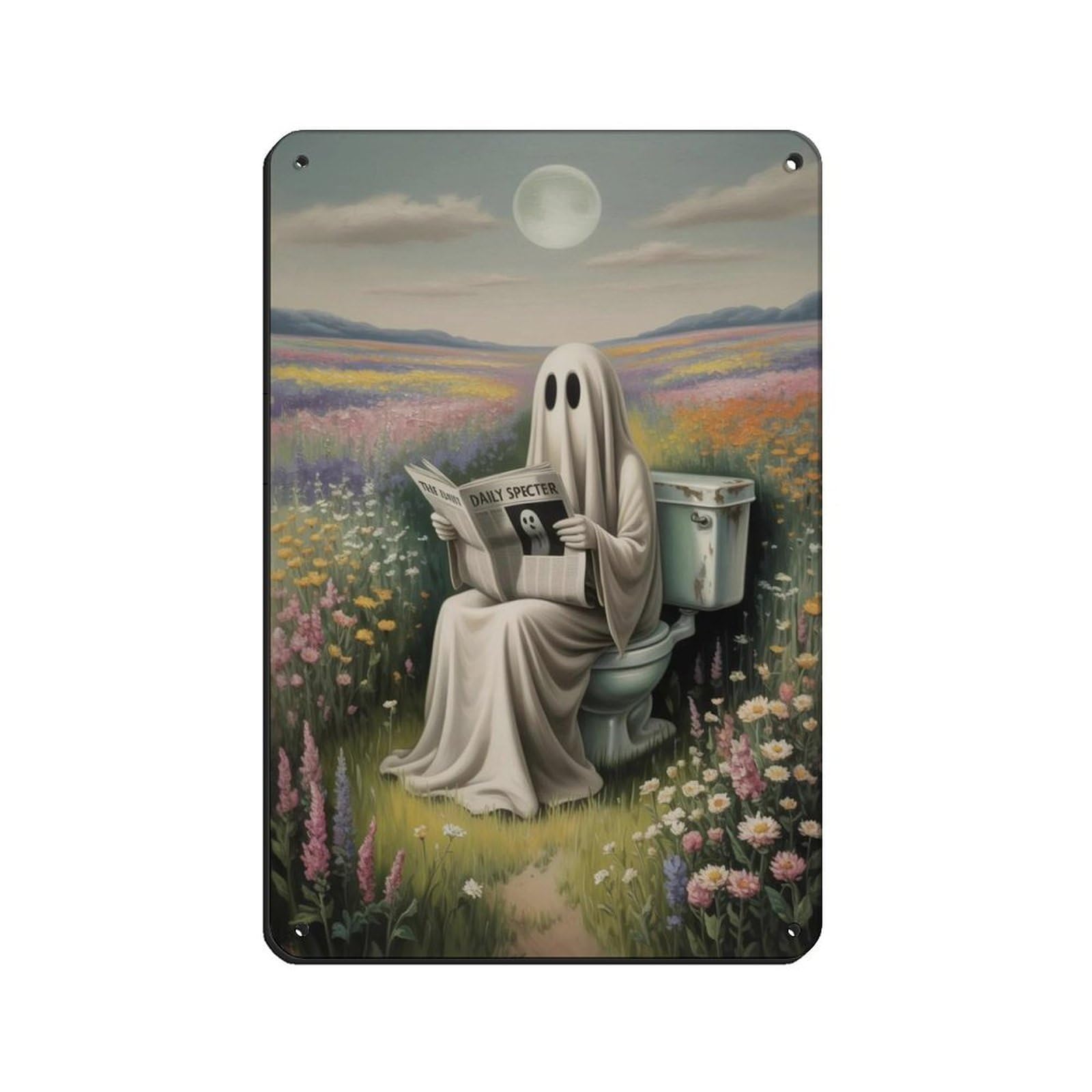 Ghost Reading A Newspaper with Flowers Poster Tin Sign Vintage Metal Pub Club Cafe Bar Home Wall Art Decoration Poster Retro 8x12inch(20x30cm)