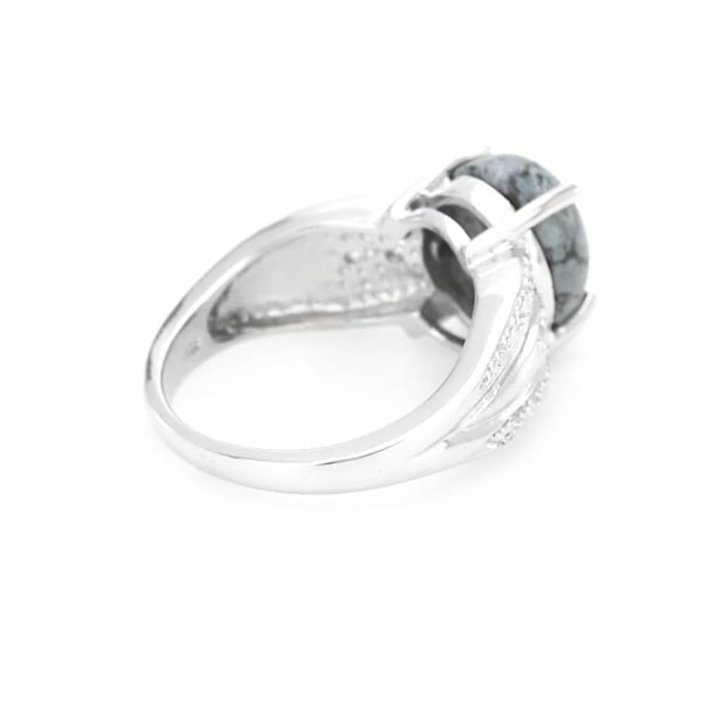 Cavill Schneeflocken Obsidian Ring 3,81 ct ovaler Cabochon mit 925er Sterlingsilberband und 4 funkelnden Zirkonen aus Kambodscha, eleganter Silberring Größe 16