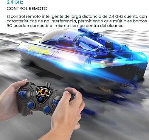 Miniatura 4 de Bote RC con LED - Barco de control remoto para piscinas y lagos 2.4 GHz, barcos RC con 2 baterías recargables, cuerpo completamente impermeable,