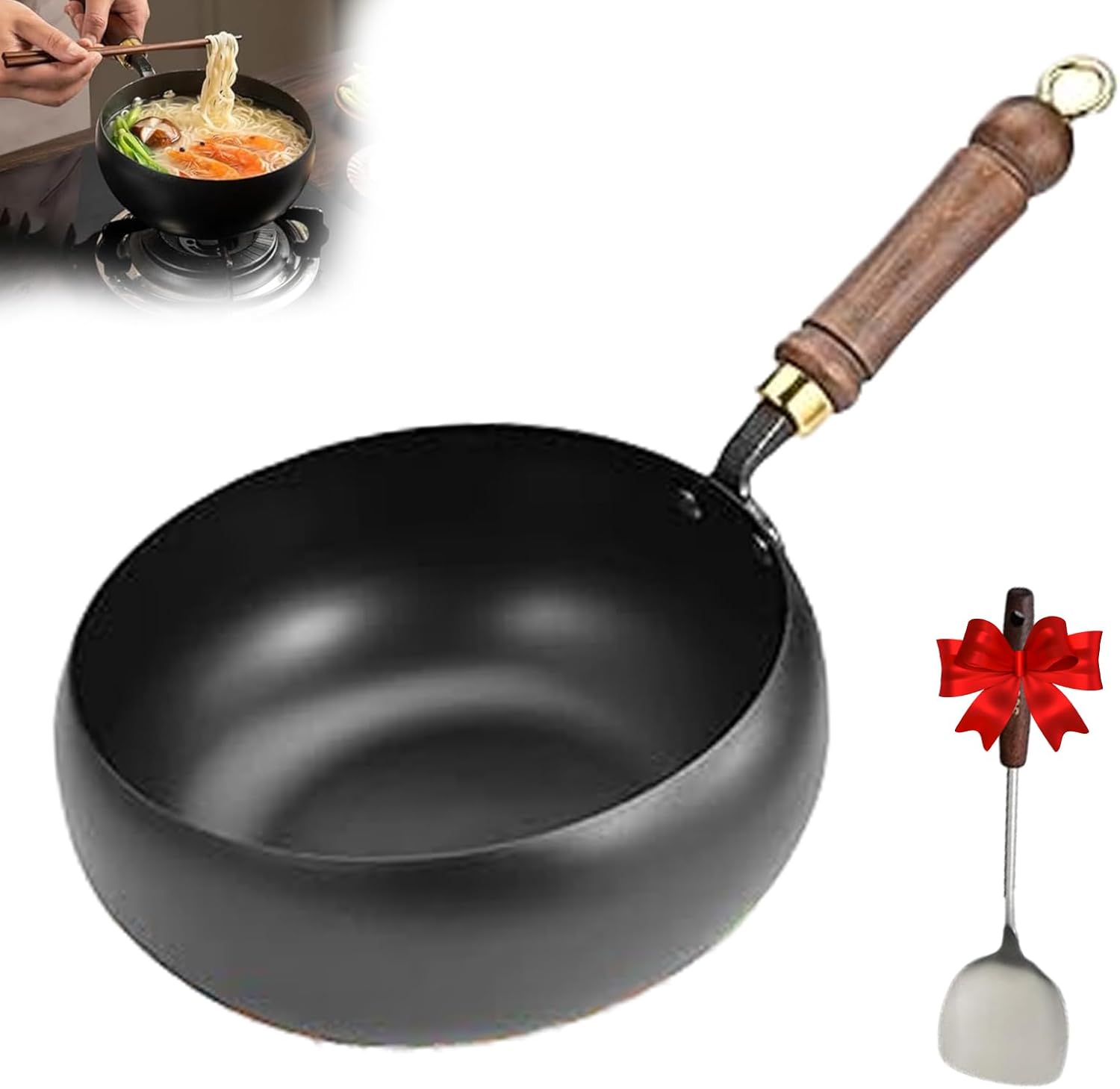 Japanese Iron Frying Pan, Uncoated Iron Frying Pan, Chinese Wok, Non-Stick Pot, Irons Pot Lightweight, Wooden Handle, Compatible With Gas Stove and Induction Cooker (Wooden lid 11.1in)