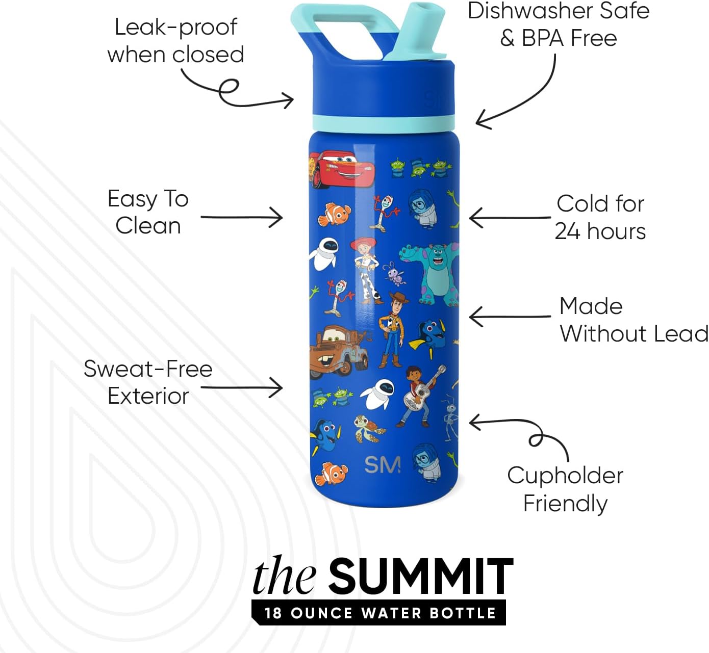 Simple Modern Kids Summit Water Bottle with Straw Lid | Disney Pixar 18oz Stainless Steel Cup Insulated Tumbler for Boys, Girls, School | Pixar Mashup on Blue - Image 2
