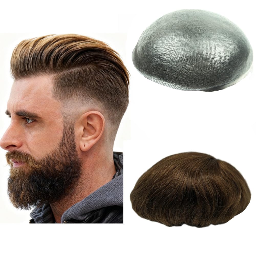 N.L.W. 0,04 mm V-Loop PU peluca para hombre, postizo, mechones de cabello humano europeo para hombres, sistema de reemplazo capilar, 8×10 pulgadas #Marrón claro