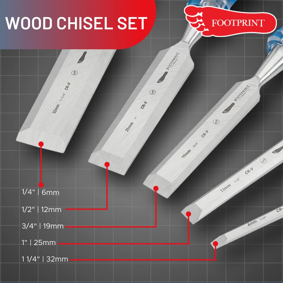 Footprint Lot de 5 burins à bois en chrome vanadium avec plaque de frappe pour marteaux en acier pour couper les mortaises/coins, raser ou racloir. Outils essentiels pour le travail du bois.