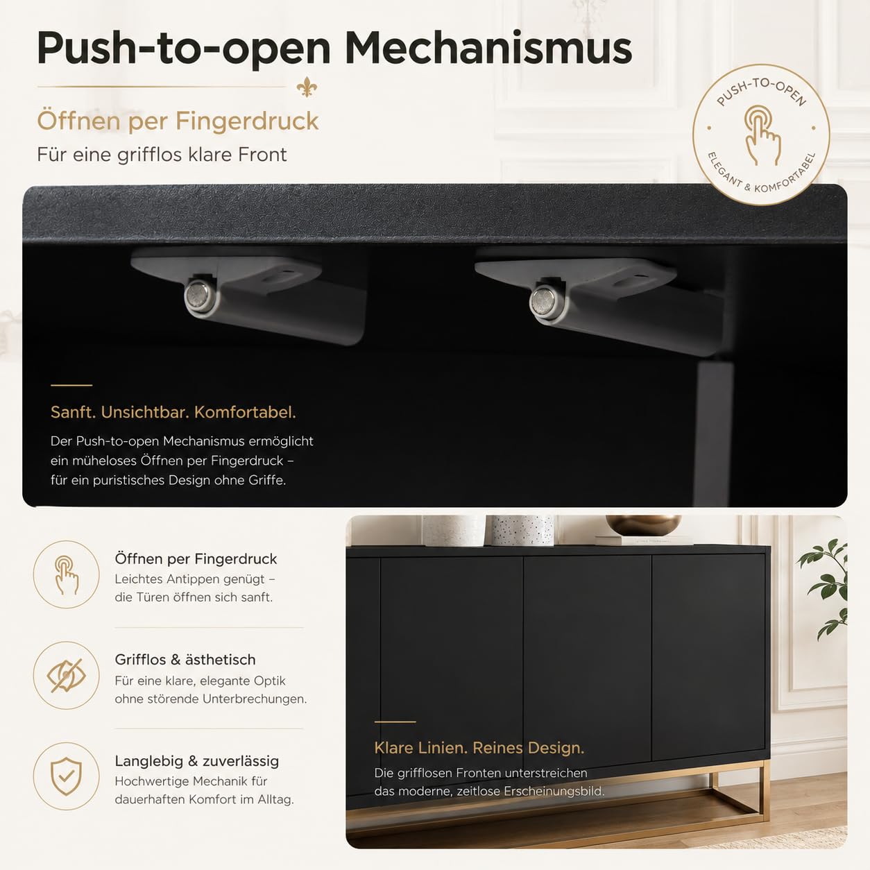 Kredens 120 cm, 4 drzwi, bez uchwytów, Push-to-Open, głębokość 30 cm | 3 wkładane półki, jedna z nich z regulacją wysokości, metalowy stelaż w kolorze złotym