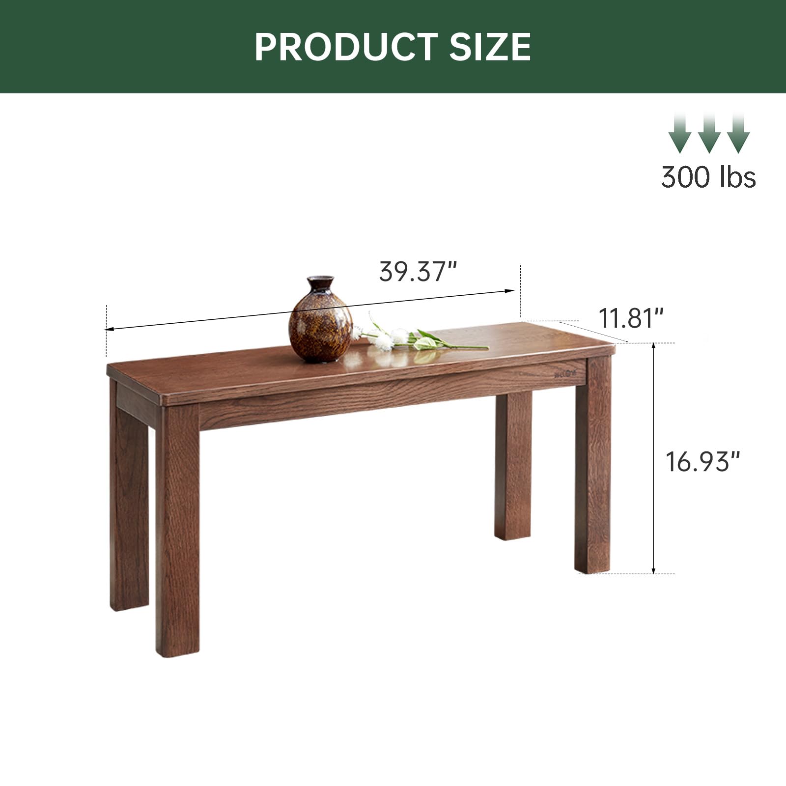 100% Solid Oak Wood Dining Bench, 39.6'' Entryway Bench Extra Chair Seat Long Ottoman with Squre End & Round Corner for Kitchen Living Room Bedroom, Walnut