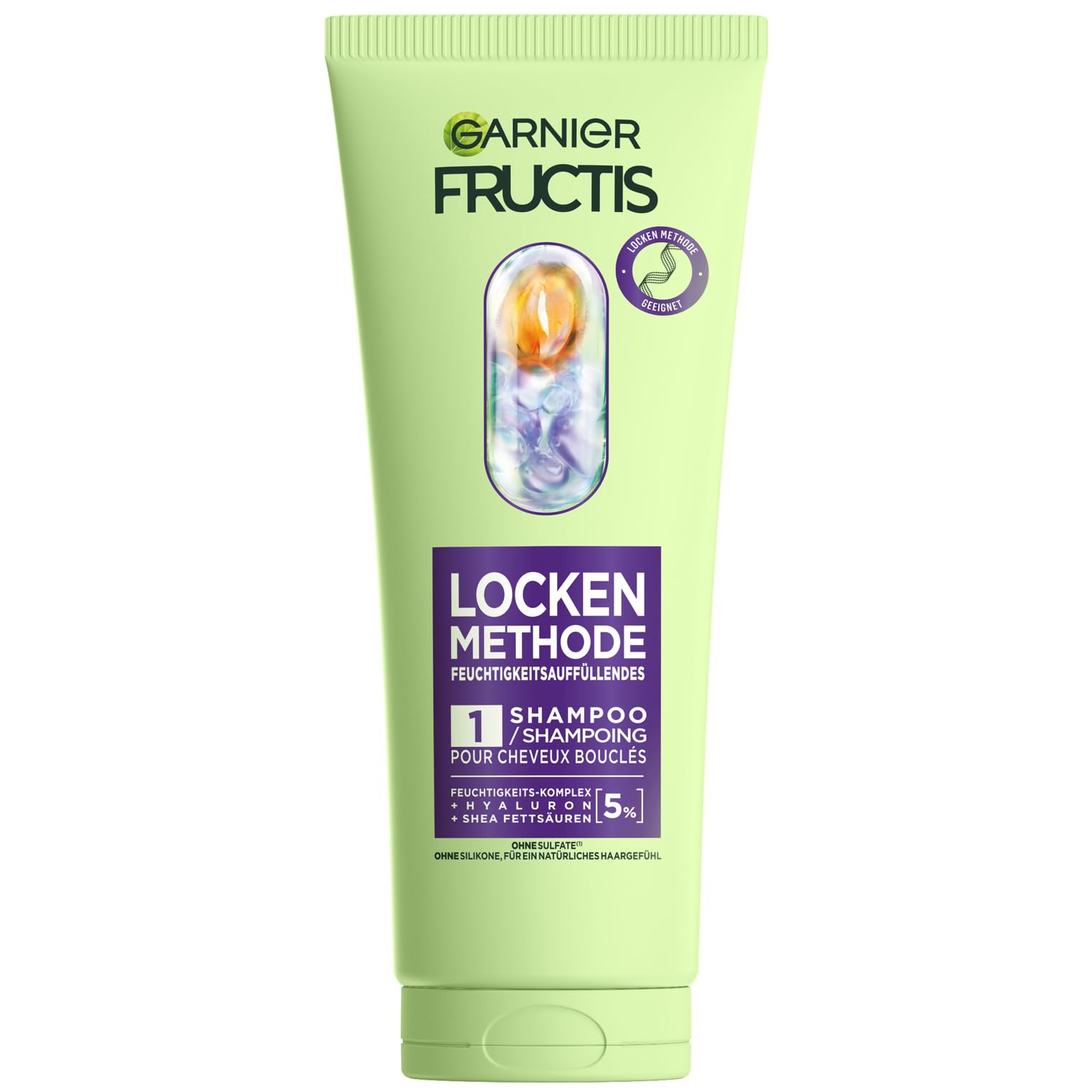 Garnier Feuchtigkeitsauffüllendes Shampoo für alle Lockentypen, Sofort gebändigte Locken, Mit 5% Hyaluron und Shea-Fettsäuren, Vegan, Ohne Silikone, Fructis Locken Methode, 1 x 200 ml