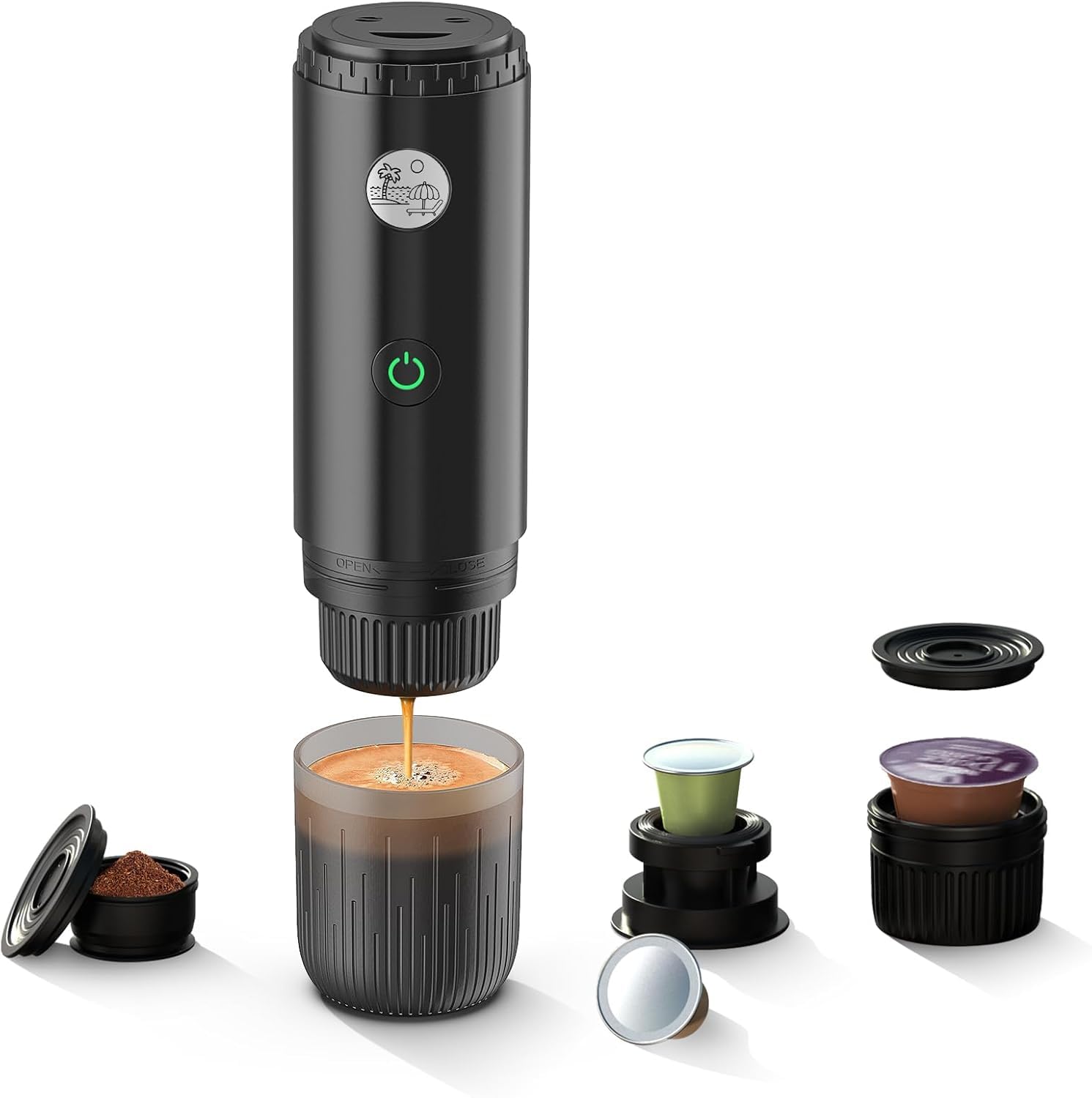 Machine à expresso portable 3 en 1 à 19 bars avec chauffage automatique, compatible avec les capsules NS et DG ainsi que le café moulu pour le camping, la randonnée, les voyages et la maison (noir)