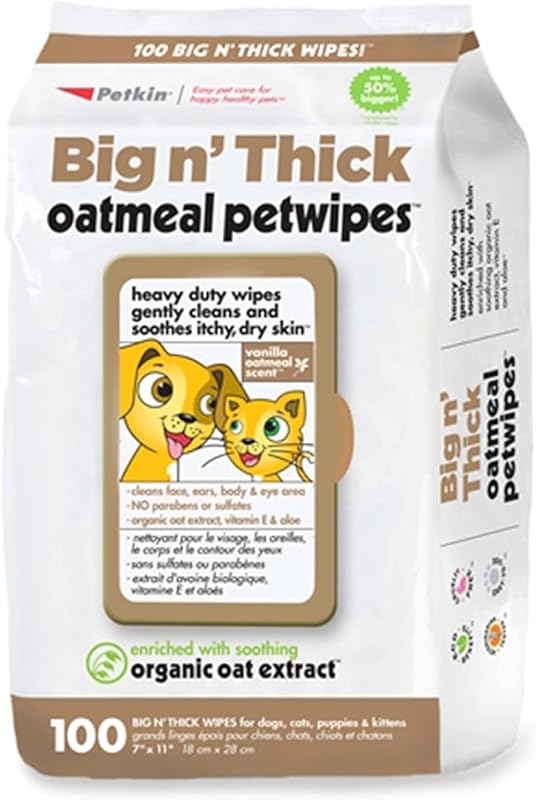 Pet Wipes for Dogs and Cats, Oatmeal, 100 Wipes (Large) for Dogs and Cats - Soothes Itchy Dry Skin and Cleans Ears, Face, Butt, Body and Eye Area - Idea for Home and Travel