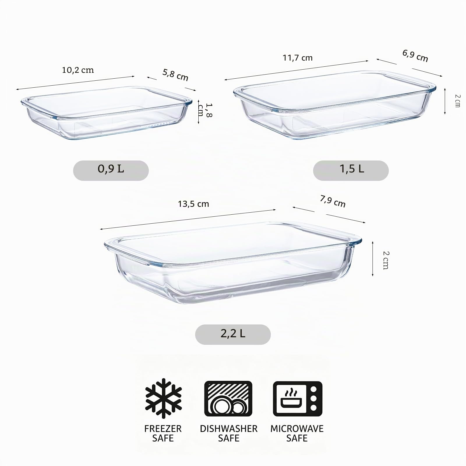 Lot de 3 Plaques de Cuisson Rectangulaires en Verre Borosilicate de 2,3 Litres + 1,6 Litre + 1 Litre pour Micro-ondes et Four, Adaptées pour la Cuisine, la Cuisson du Pain, des Gâteaux et des Repas