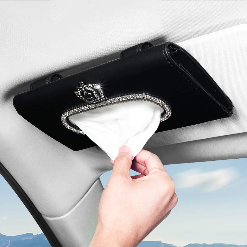 eing Fashion Crown Crystal Car Tissue Box Sun Visor Leather Auto Napkin Tissue Hanging Bag Holder for Car Accessories,Black