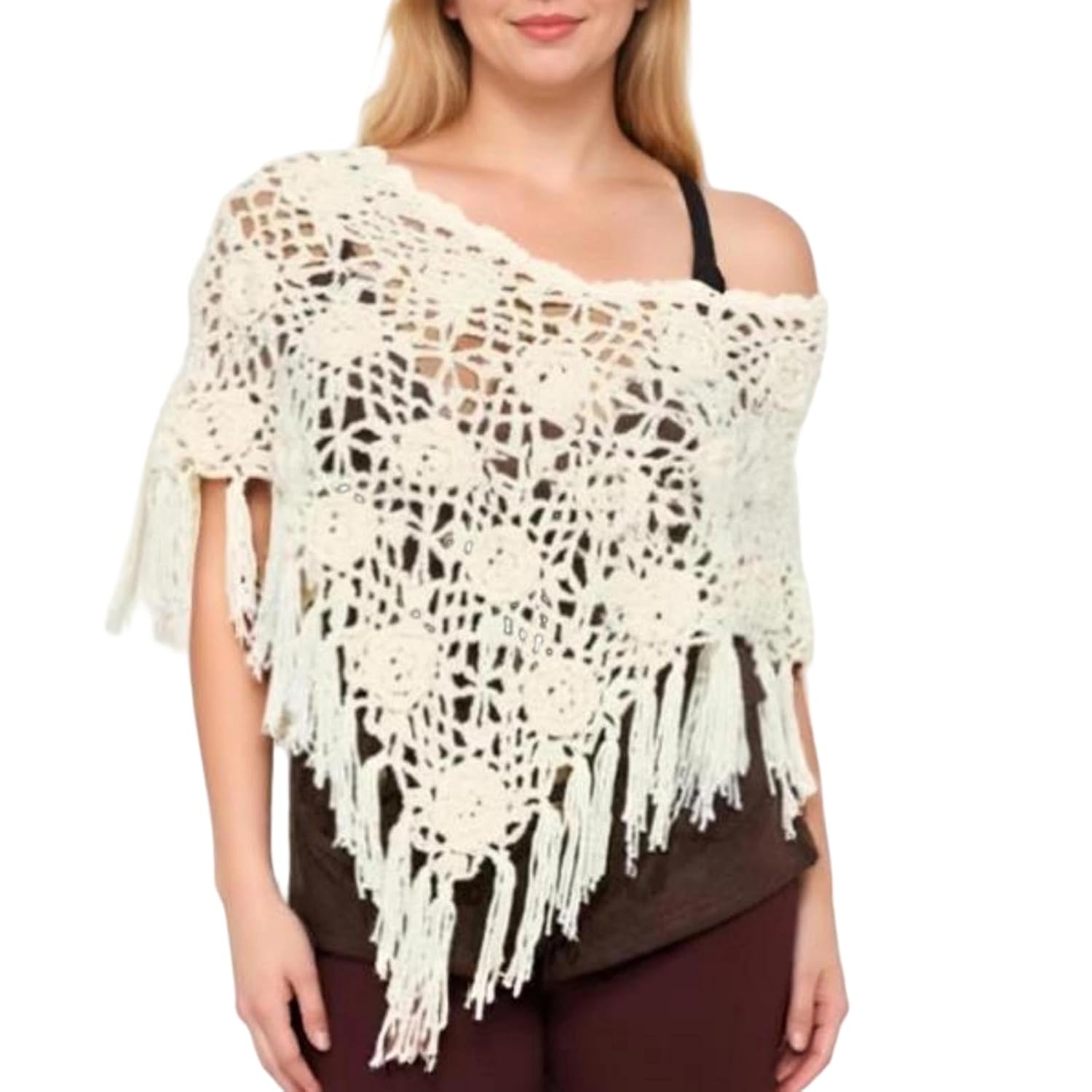 Women Tassel Poncho Sweater Mock Neck Fringed Hem Shawl Y2k Vintage Asymmetrical Pullover Cape Shrug Knitwear