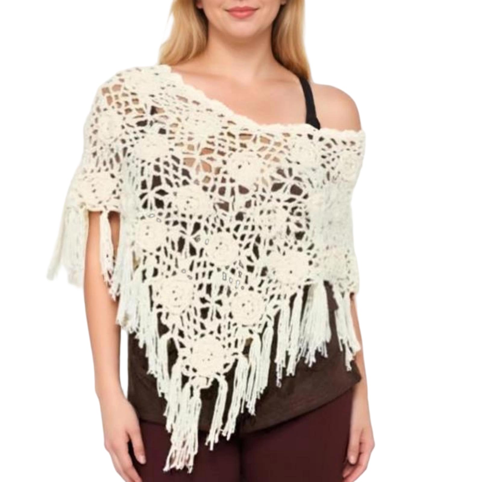 Women Tassel Poncho Sweater Mock Neck Fringed Hem Shawl Y2k Vintage Asymmetrical Pullover Cape Shrug Knitwear