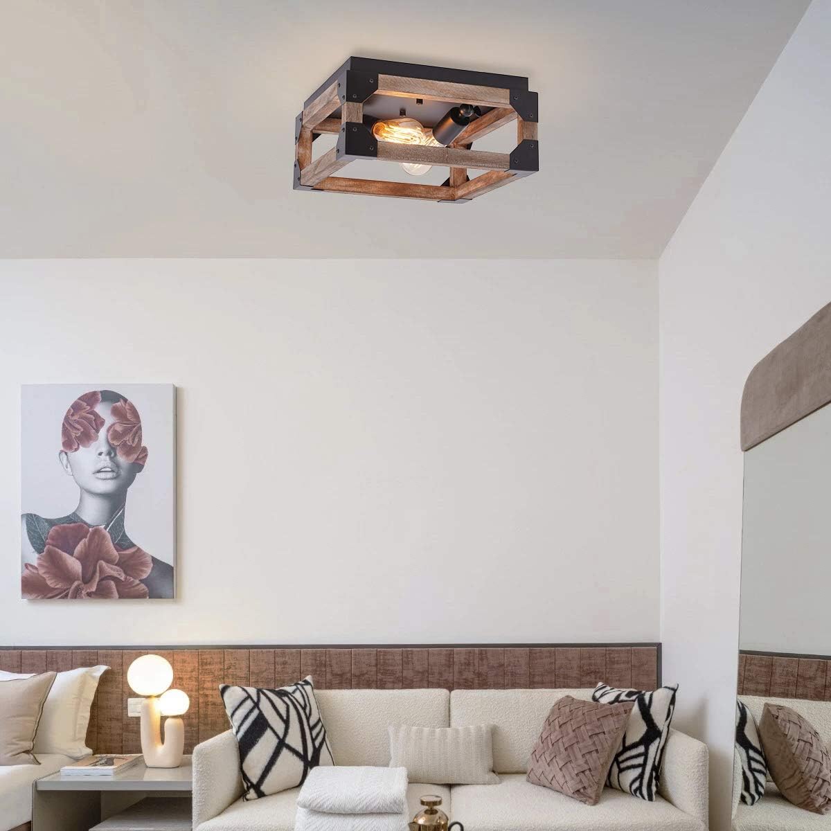 Prоmо 40% оƒƒ Eyassi Wooden Farmhouse Ceiling Light, 2-Lights Flush Mount Close to Ceiling lamp Wood Industrial Lighting Fixtures for Living Room Kitchen Island Bedroom Hallway Entryway Closet Office Laundry