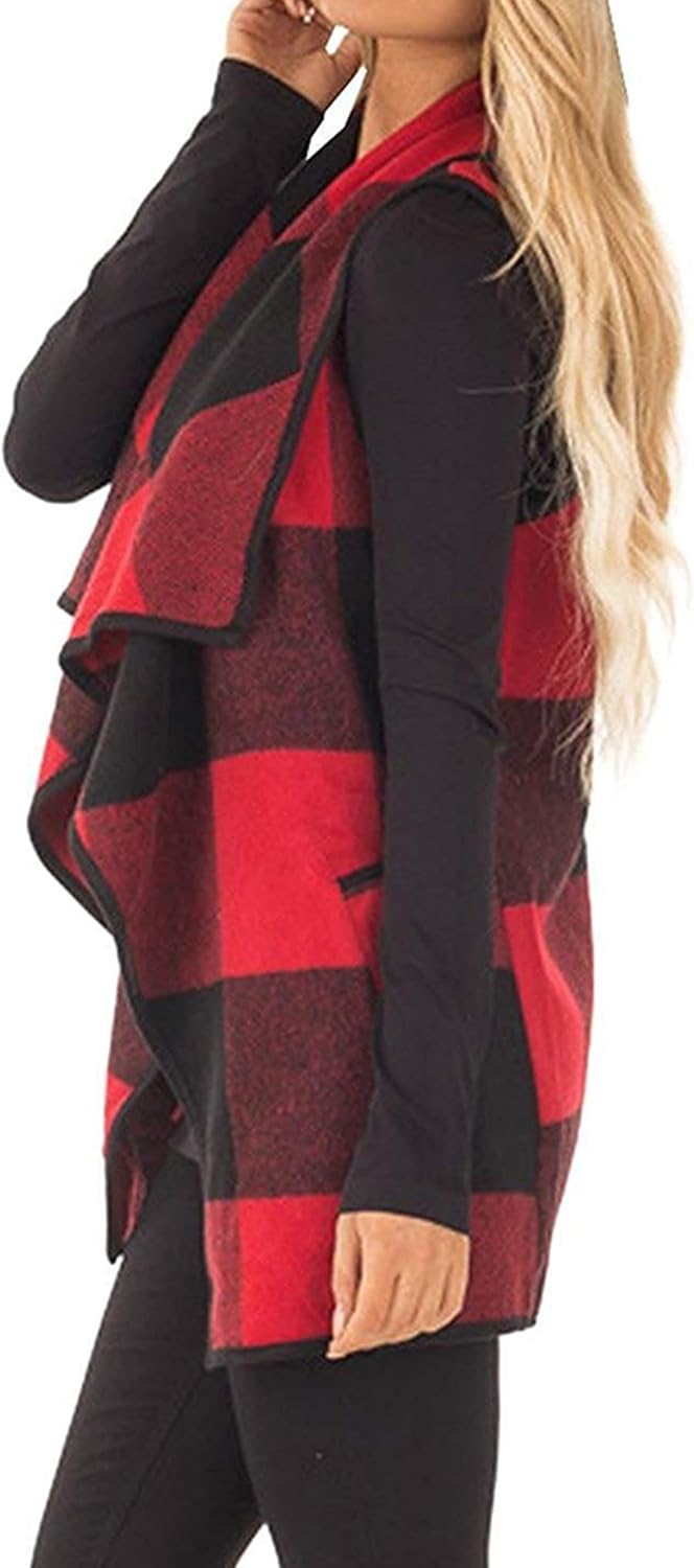 Mannice Womens Buffalo Plaid Sleeveless Cardigans Lapel Open Front Plaid Vest Jacket Coat with Pockets - Image 2