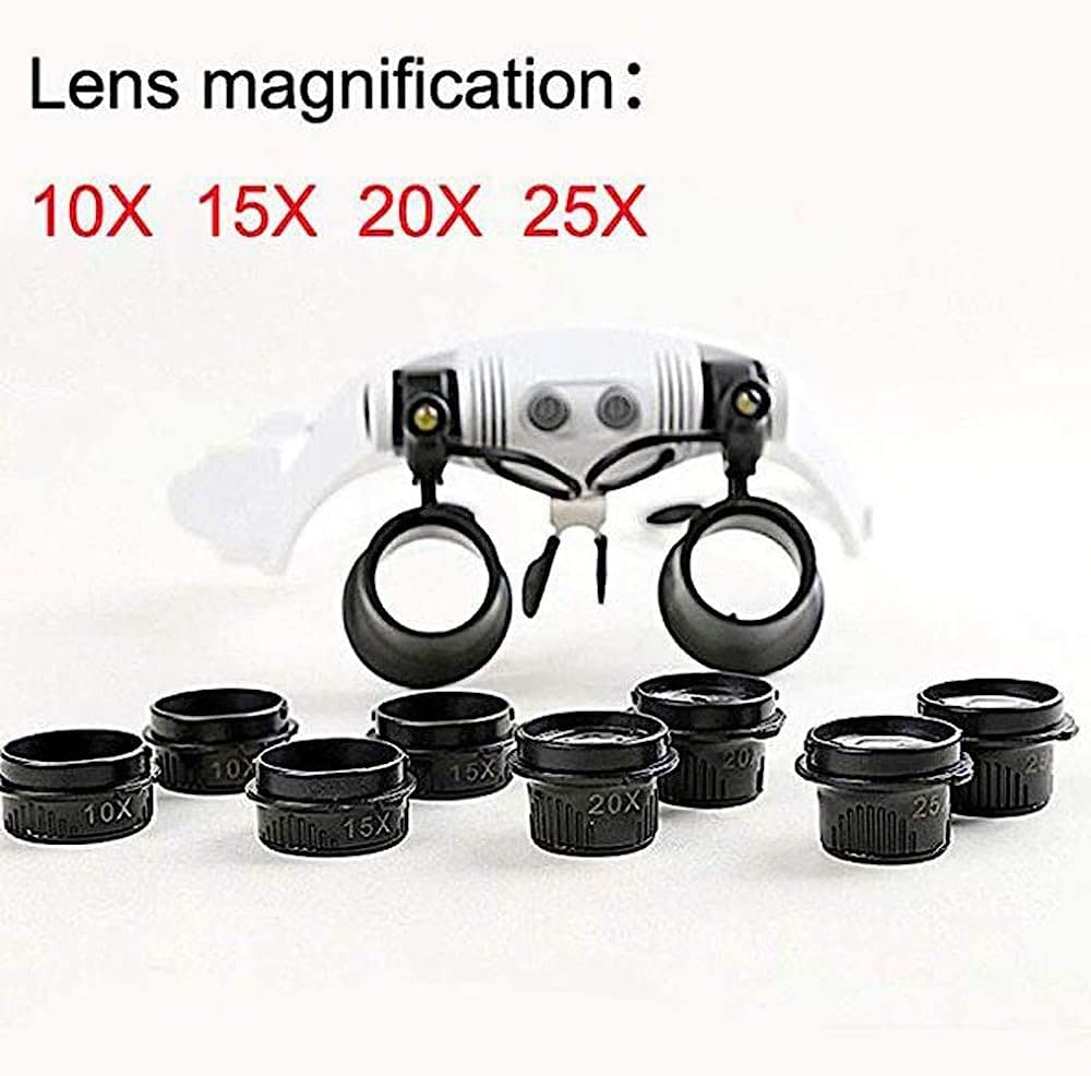 Lupen, Stirnlupe mit Licht, Lesebrille, Freisprecheinrichtung zum Befestigen am Kopf, Juwelier-/Uhrmacherlupe mit 4 austauschbaren Linsen.