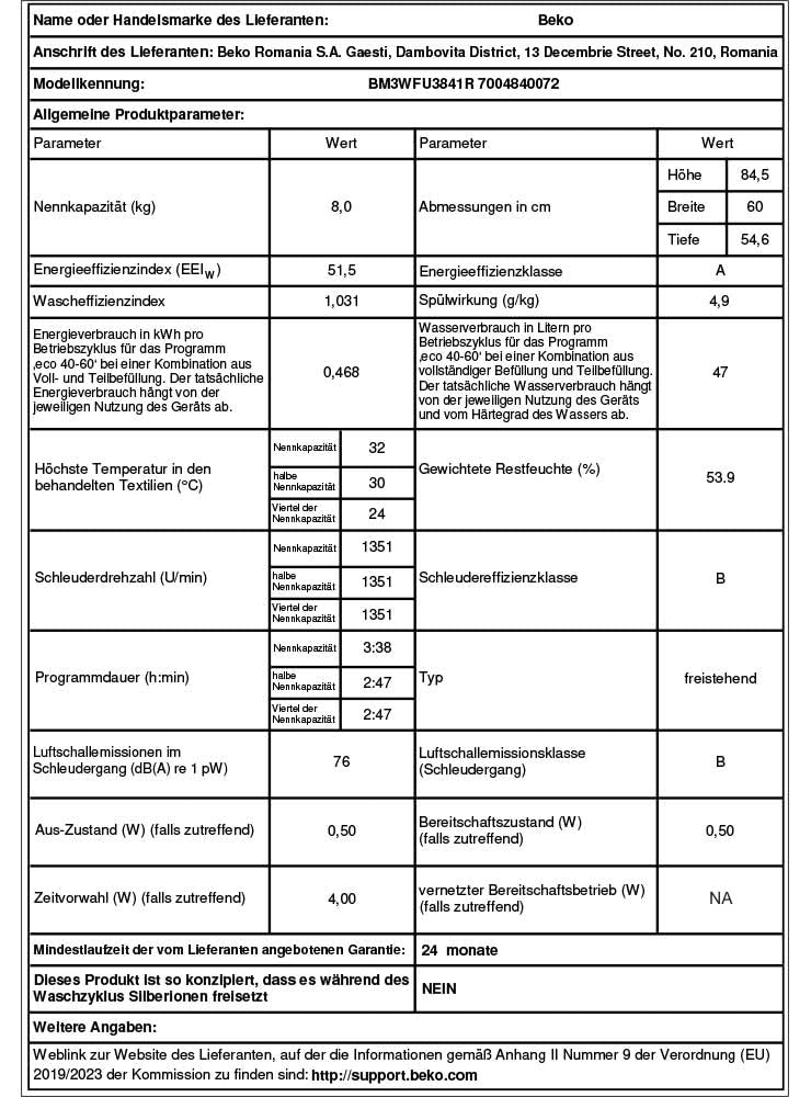 Beko BM3WFU3841R Waschmaschine 8 kg 1400 U/min SteamCure Dampffunktion Weiß