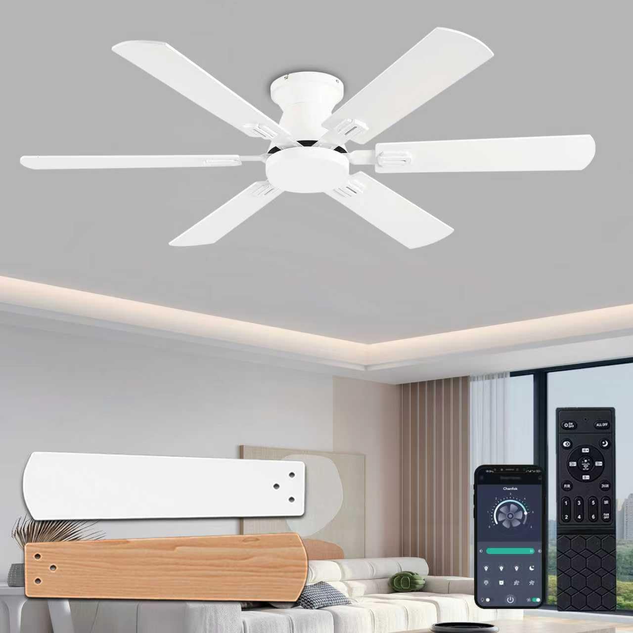 KNUN 56 inch Ceiling Fans with Lights White Flush Mount Ceiling fan with Light and Remote APP Control
