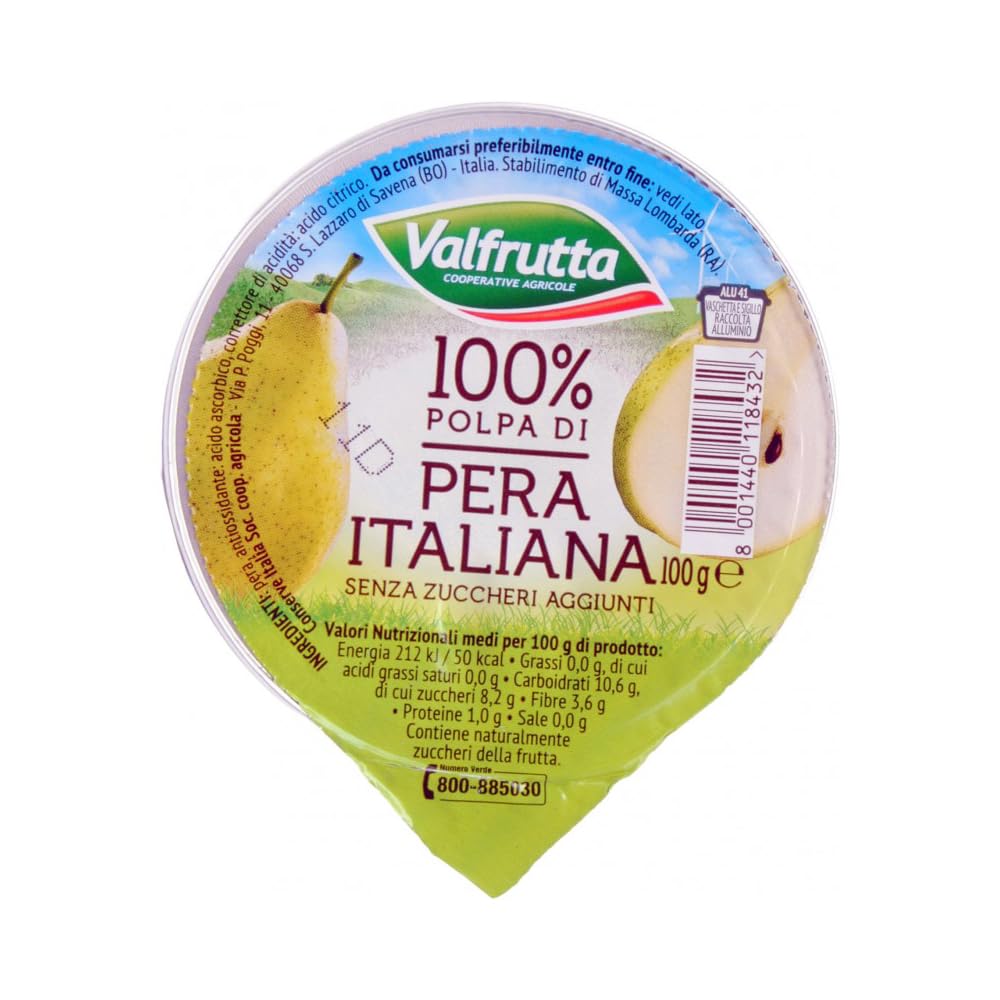 Valfrutta Polpa di Pera 100% Italiana, Senza Zuccheri Aggiunti, 100g, Confezione da 24 Vaschette
