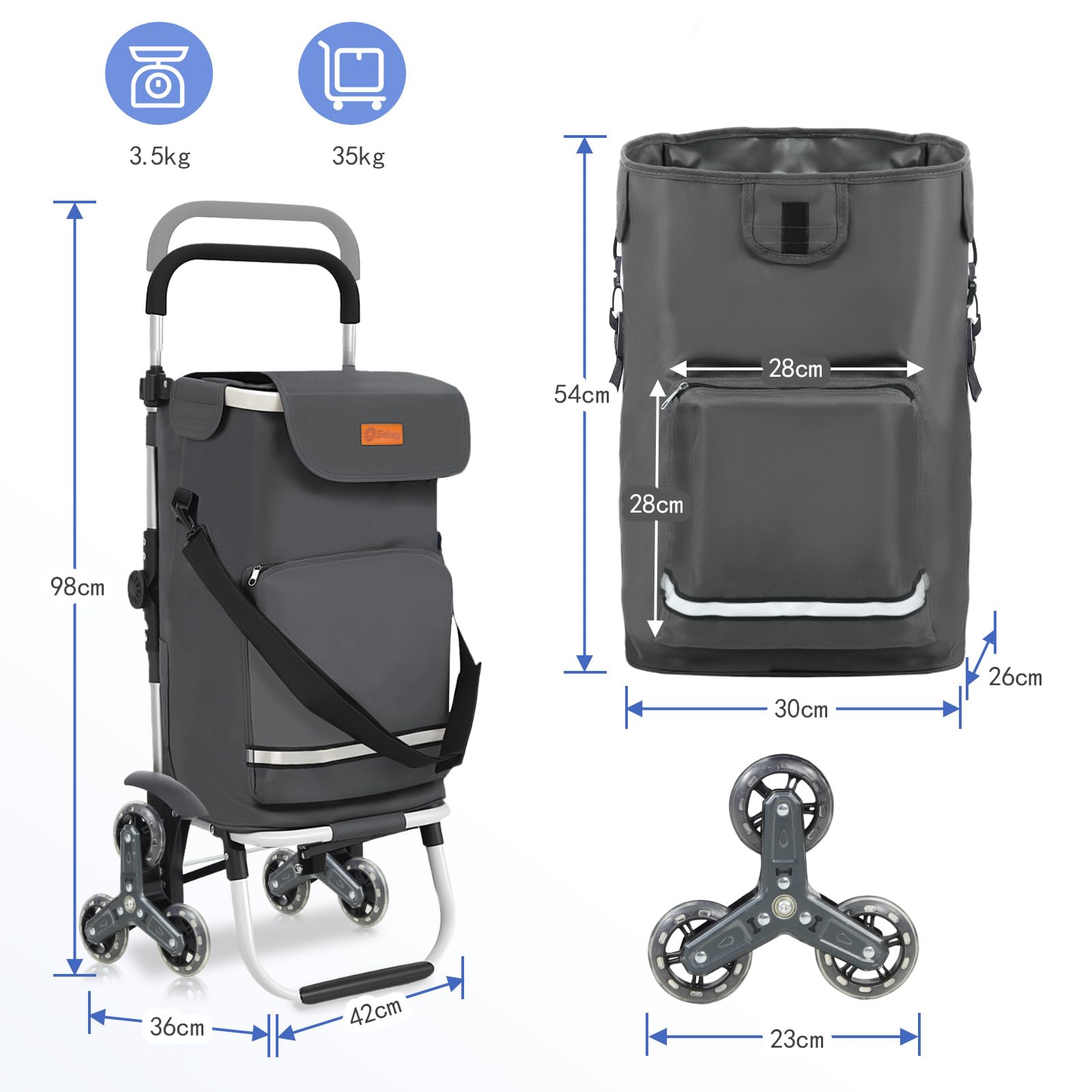 Sekey Chariot de Courses 3 Roues Monte Escalier Pliable 3 en 1, Caddie Isotherme avec Sac Amovible, Diable et Trolley, Grande Capacité, Léger et Solide, Idéal Courses et Seniors – Gris