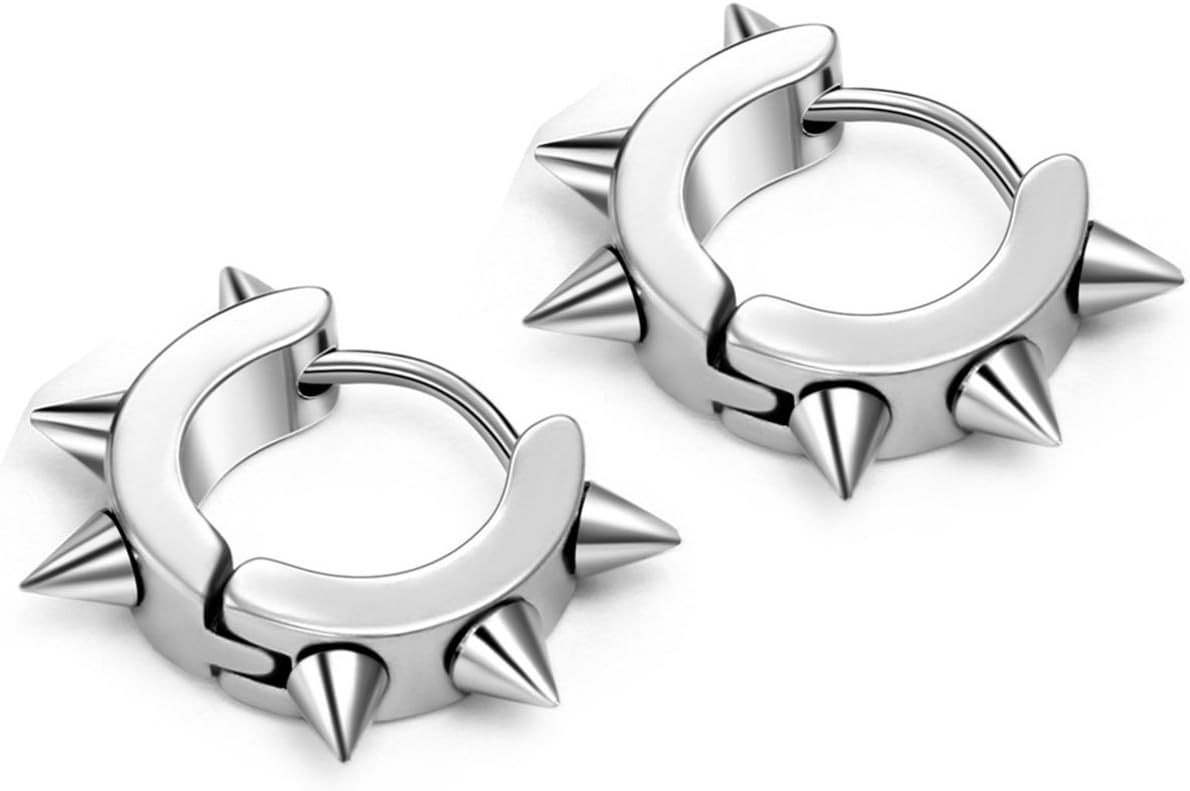 Flongo Men's Womens Punk Silver Stainless Steel Goth Rivet Awl Spike Huggies Piercing Hoop Earrings