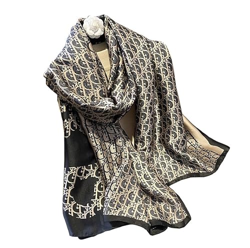 FairyCity Luxury Designer Silk Scarf, Black and Gold Pattern Monogram