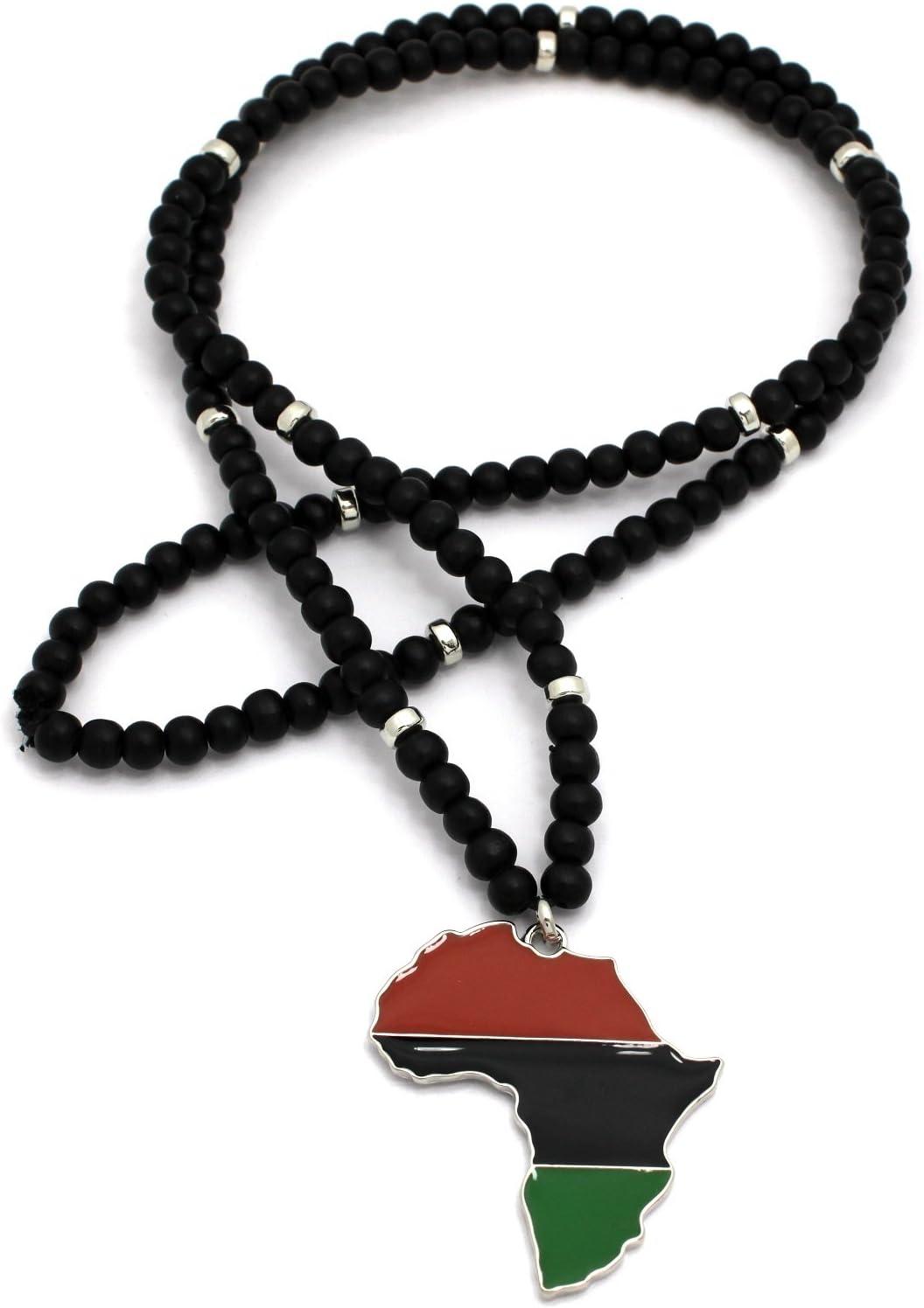 CBC Crown Pan African Colored Africa Map Continent Pendant on 26"/30" Wooden Bead Necklace in Gold or Silver Tone